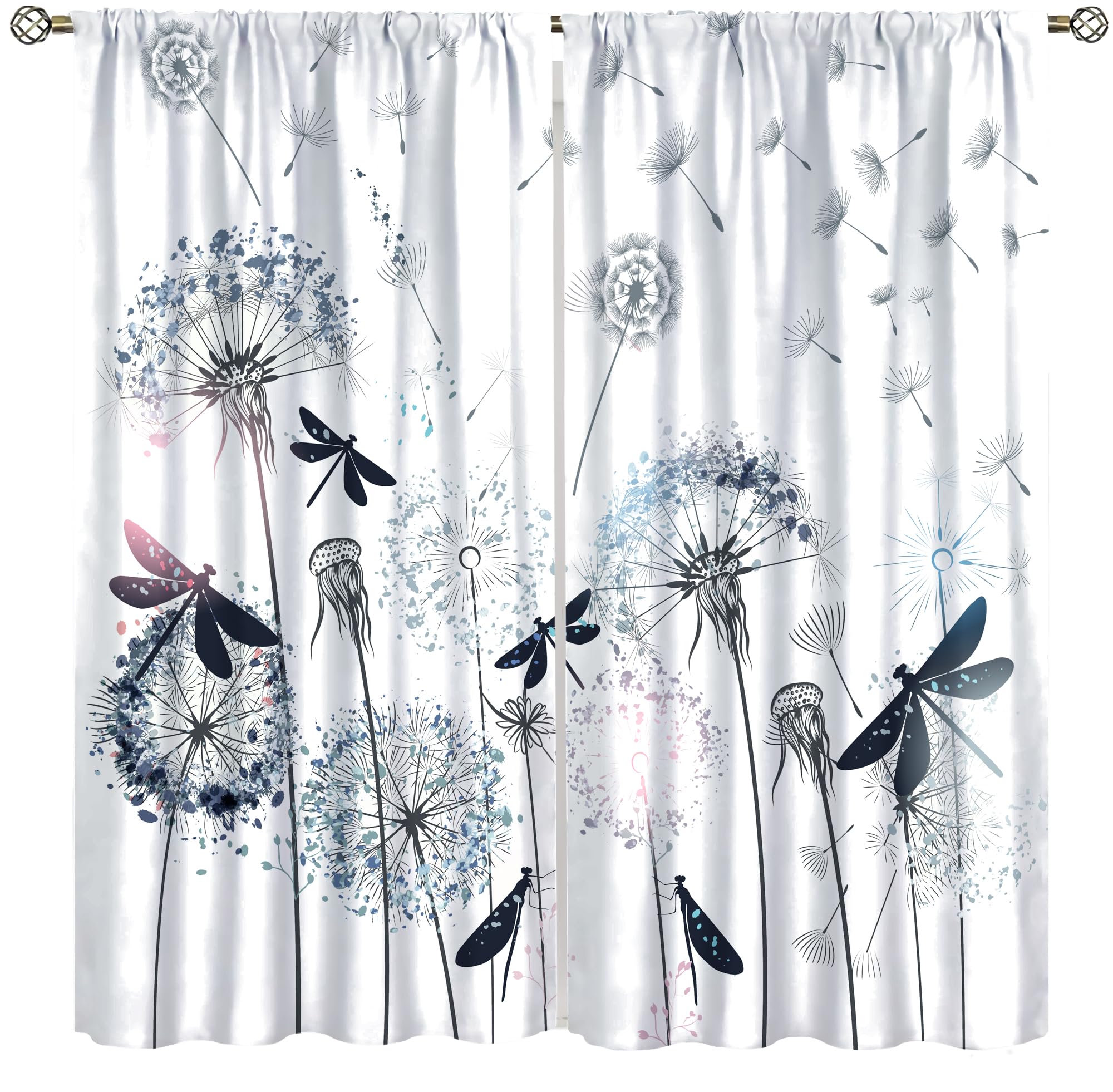 Dandelion Blackout Curtain Dragonfly Teal Blue Floral Window Curtain Noise Reducing Drapes Rod Pocket Bedroom Kitchen Dining Room Cafe Living Room 2