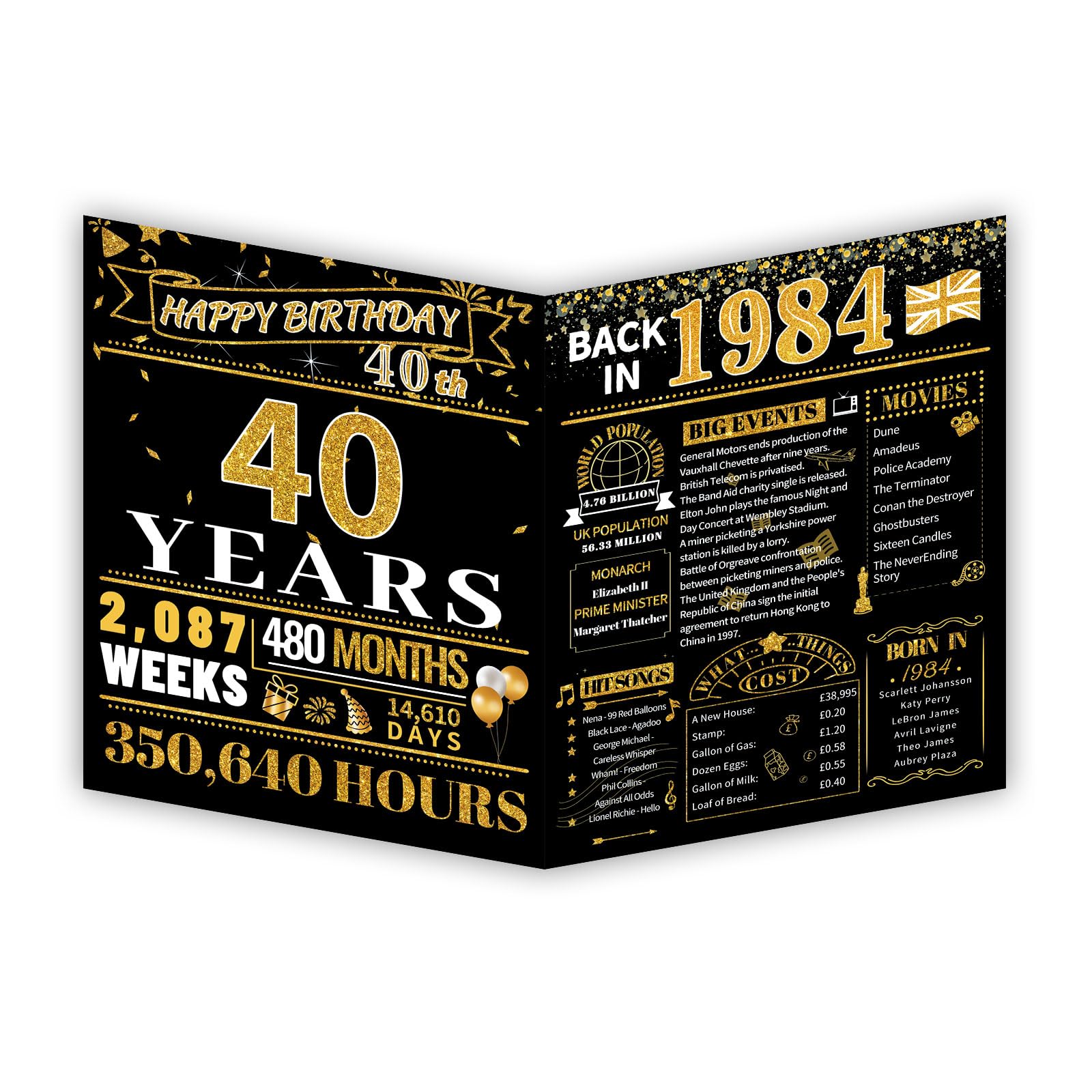 HOMANGA 40th Birthday Card for Men and Women, 40th Birthday Gifts for Women Men, Back in 1984 Jumbo 40th Bday Card For Wife Husband, Giant 40 Year Birthday Card, Black Gold 20x25 CM