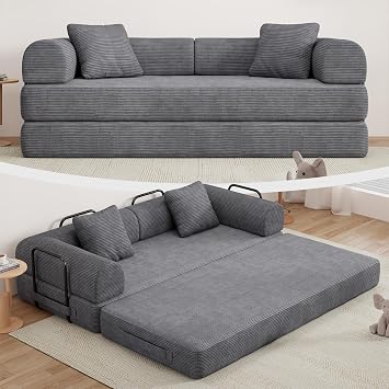 77" Convertible Sofa Bed, Modular Folding Futon Corduroy Floor Foam Compressed Loveseat Sleeper Sofa Couch, Pull Out Queen Size Couch Bed with 2 Pillows for Living Room Guest Room Studio, Dark Grey
