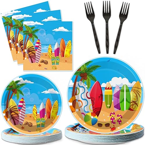 Miniatura 1 de Juego de vajilla de 100 piezas para fiesta temática de surf en la playa, platos de papel de postre, servilletas, tenedores para verano, piscina,