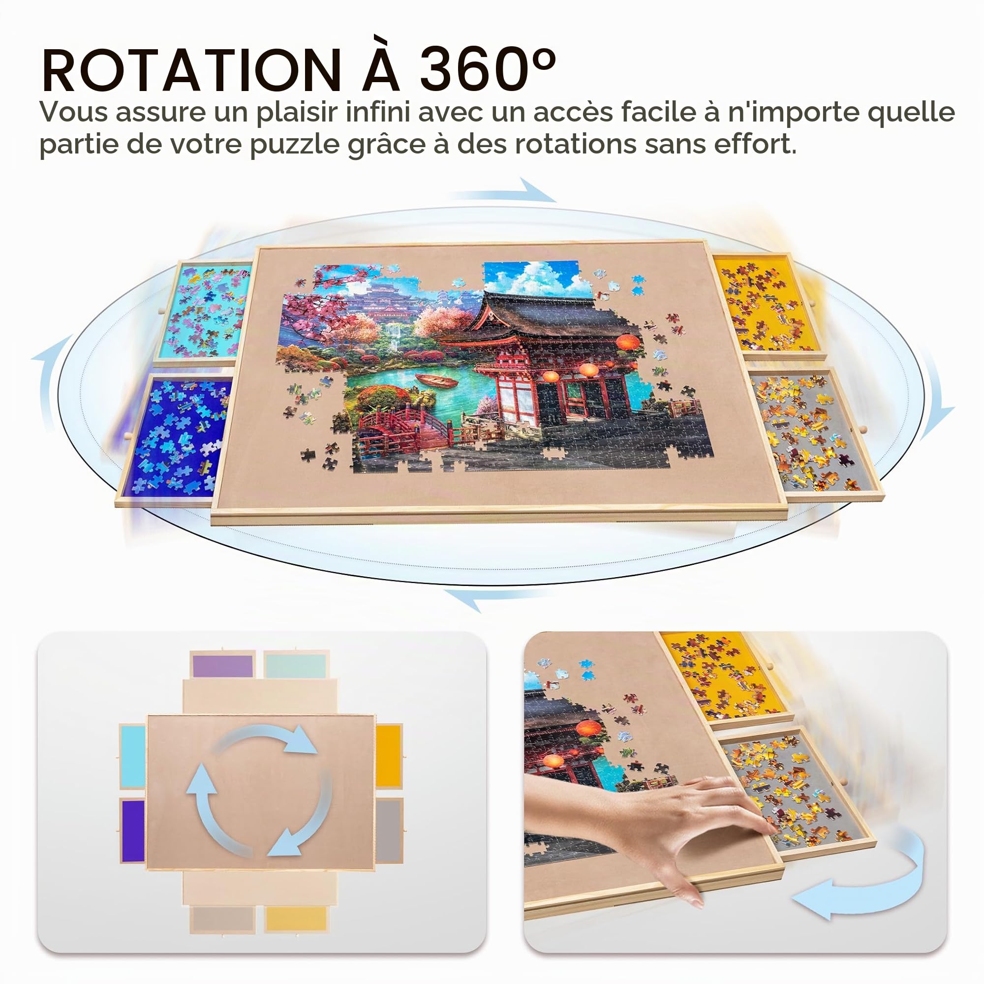 Tektalk Table de puzzle rotative avec support réglable intégré et couvercle amovible, table en bois à 3 angles d'inclinaison portable avec 4 tiroirs de tri, jusqu'à 1500 pièces