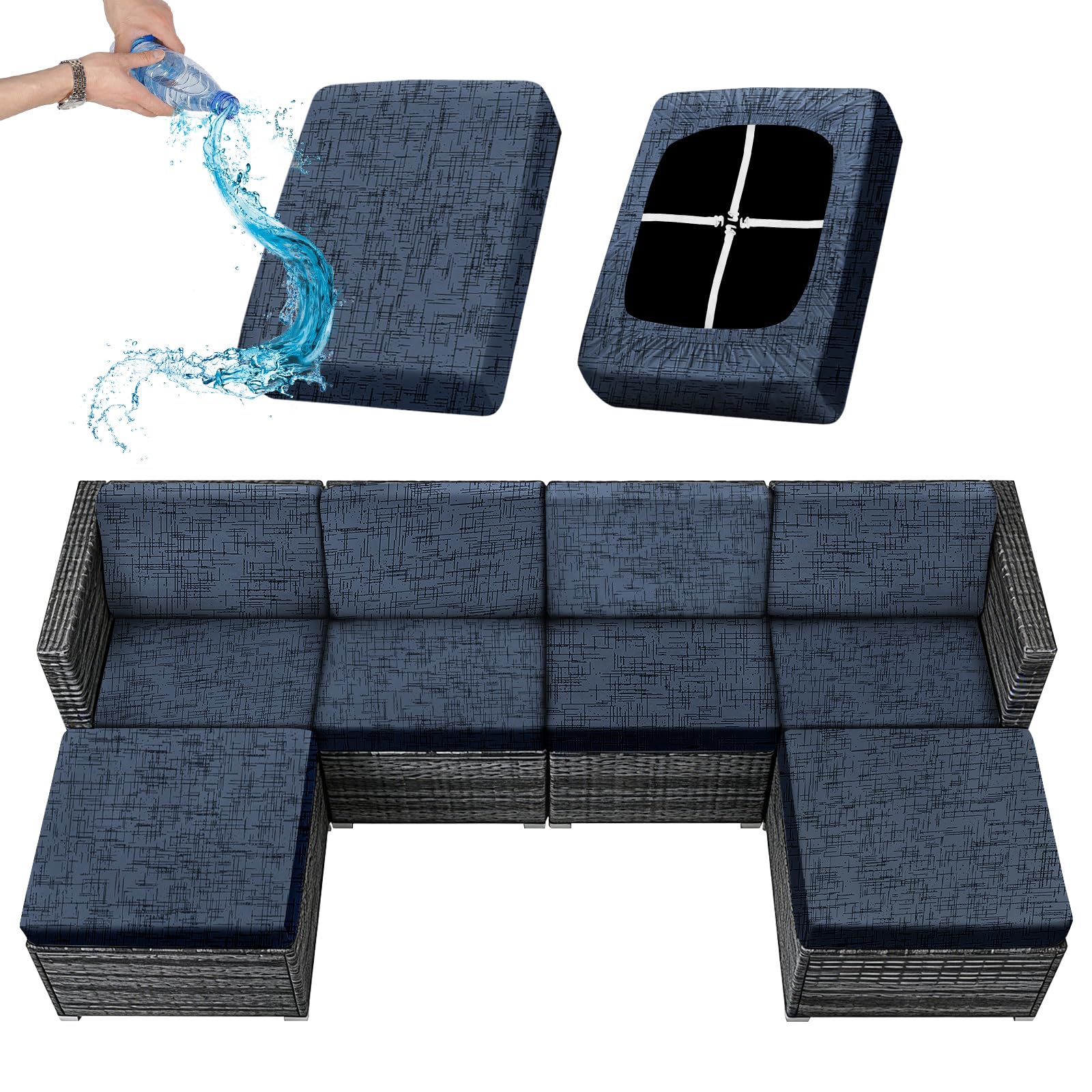 Sfcover 1/2/4/6 Pack Outdoor Sofa Cushion Covers Waterproof Stretch Garden Furniture Seat Back Cover Patio Upholstery Silpcover Replacement Set for Rattan with 4 Adjustable Laces (old blue,2)