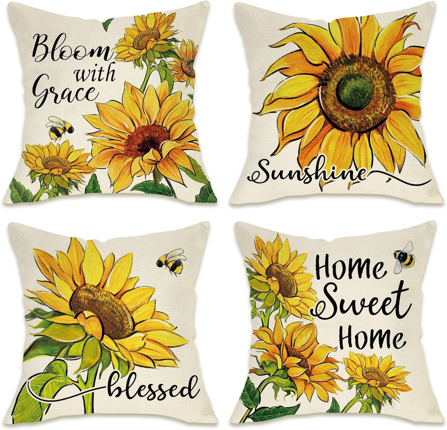 BAOKU Cushion Covers 45x45 cm Pillow Covers Spring Decorative Home Decor for Bed Couch Sofa Bedroom Office Pack of 4 sunflower yellow bee Pattern Linen Pillowcase