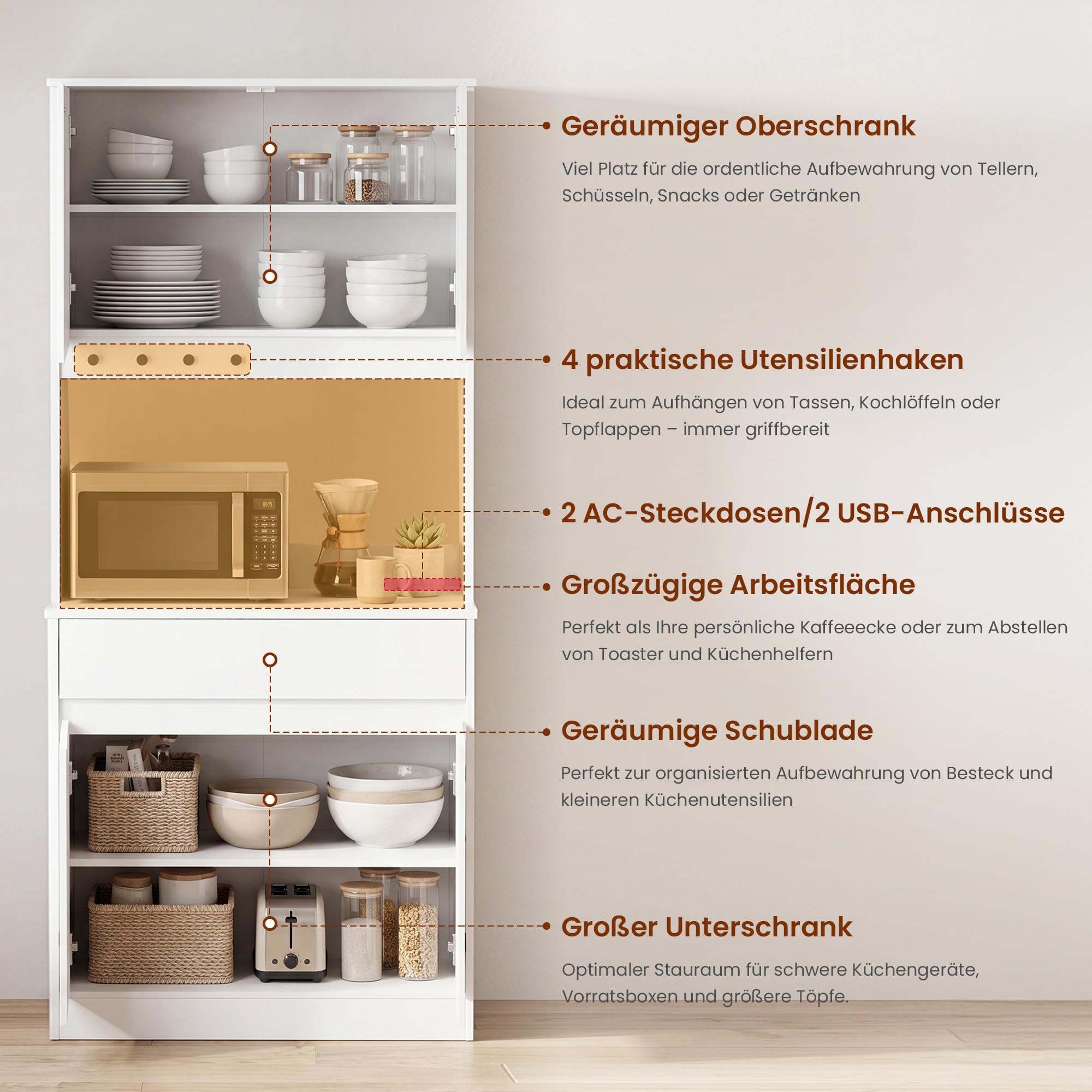 YOUDENOVA Küchenschrank Sideboard mit LED & Steckdose, Weiß | Buffetschrank mit Arbeitsplatte, Schublade, LED, Steckdose und verstellbaren Einlegeböden für vielseitigen Stauraum.