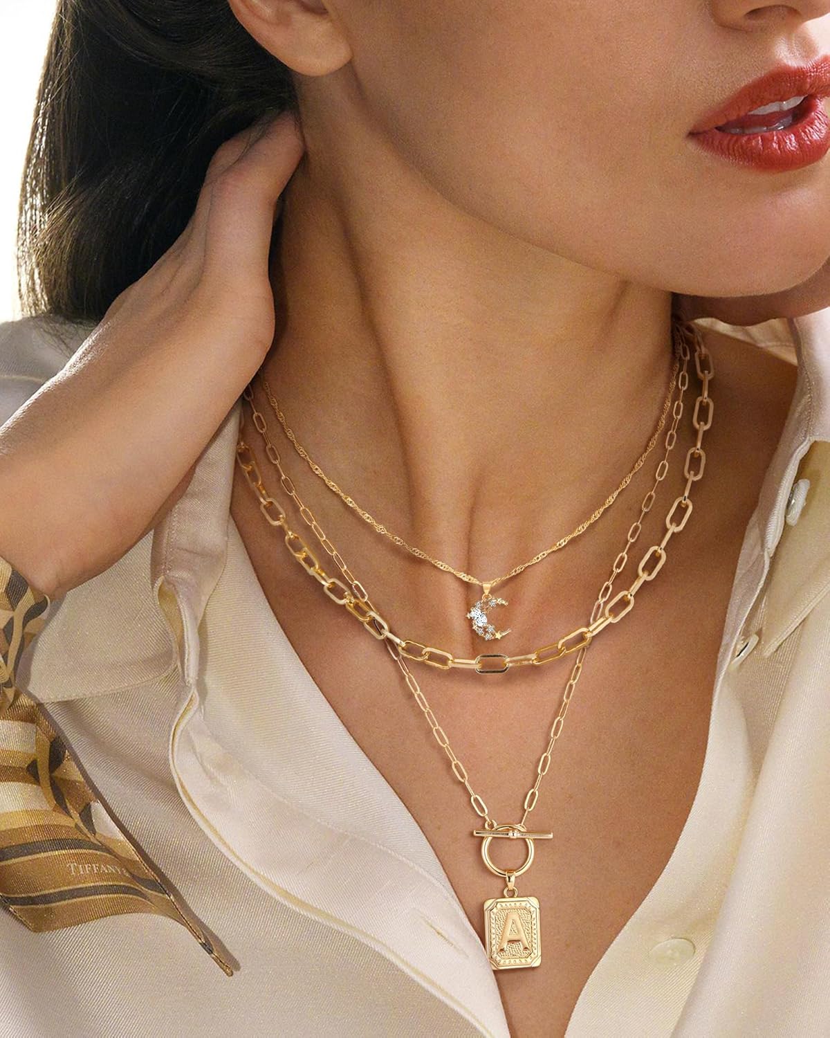 MJartoria Layered Initial Necklaces for Women Trendy, 14K Gold Plated Brass Simple Moon Choker Square Letter Pendant Necklace, Paperclip Chain Necklaces Jewelry Gifts - Image 8