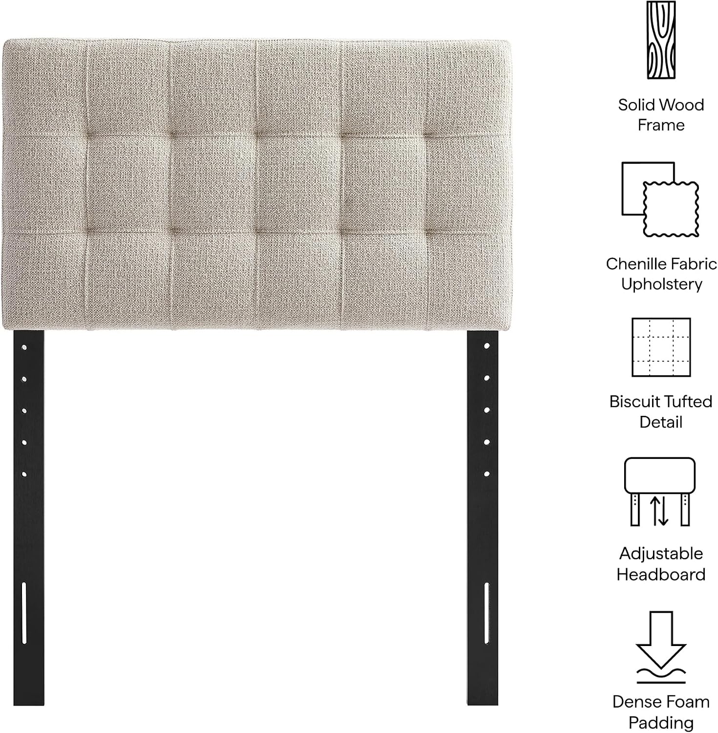 Modway Lily Twin Size Headboard with Biscuit Tufting in Dove - Fabric Upholstery with Padded Design and 5 Height-Adjustable Mounts
