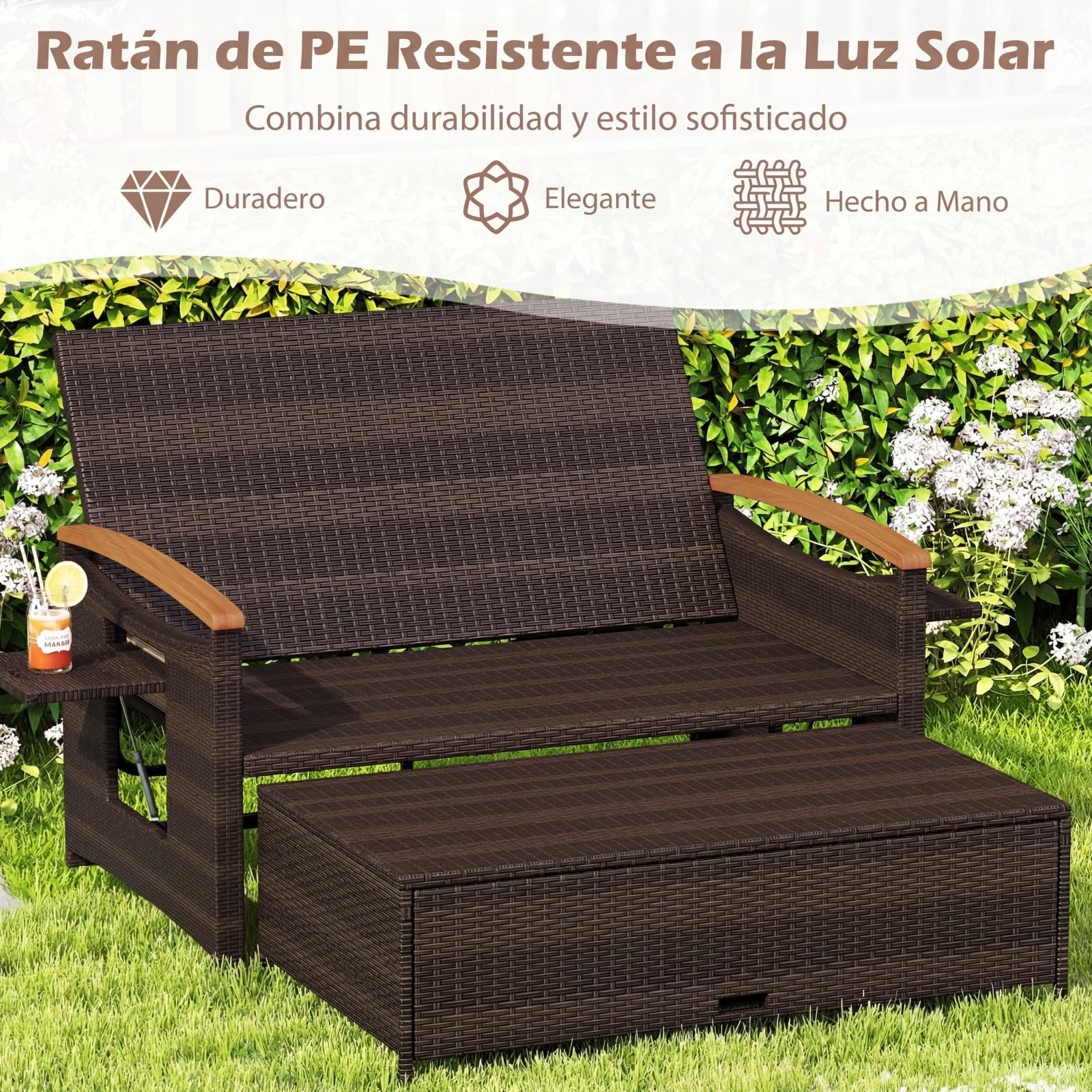 COSTWAY Sofa Exterior de Ratán con Reposapiés de Almacenamiento, 2 Plazas Tumbona Acolchado, Cama Respaldo Ajustable de 4 Niveles, Bandejas Laterales Retráctiles
