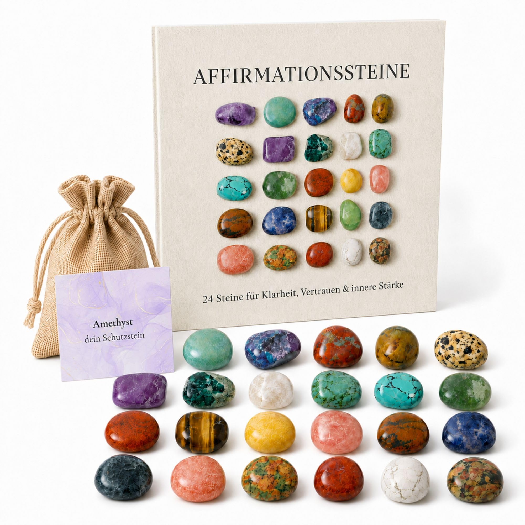 Milaboo Affirmationssteine Set – 24 Edelsteine mit Bedeutung & Karten – Geschenkset im Jutebeutel – Achtsamkeit, Motivation, innere Stärke – Geschenk für unterschiedliche Anlässe (24er Set 1)