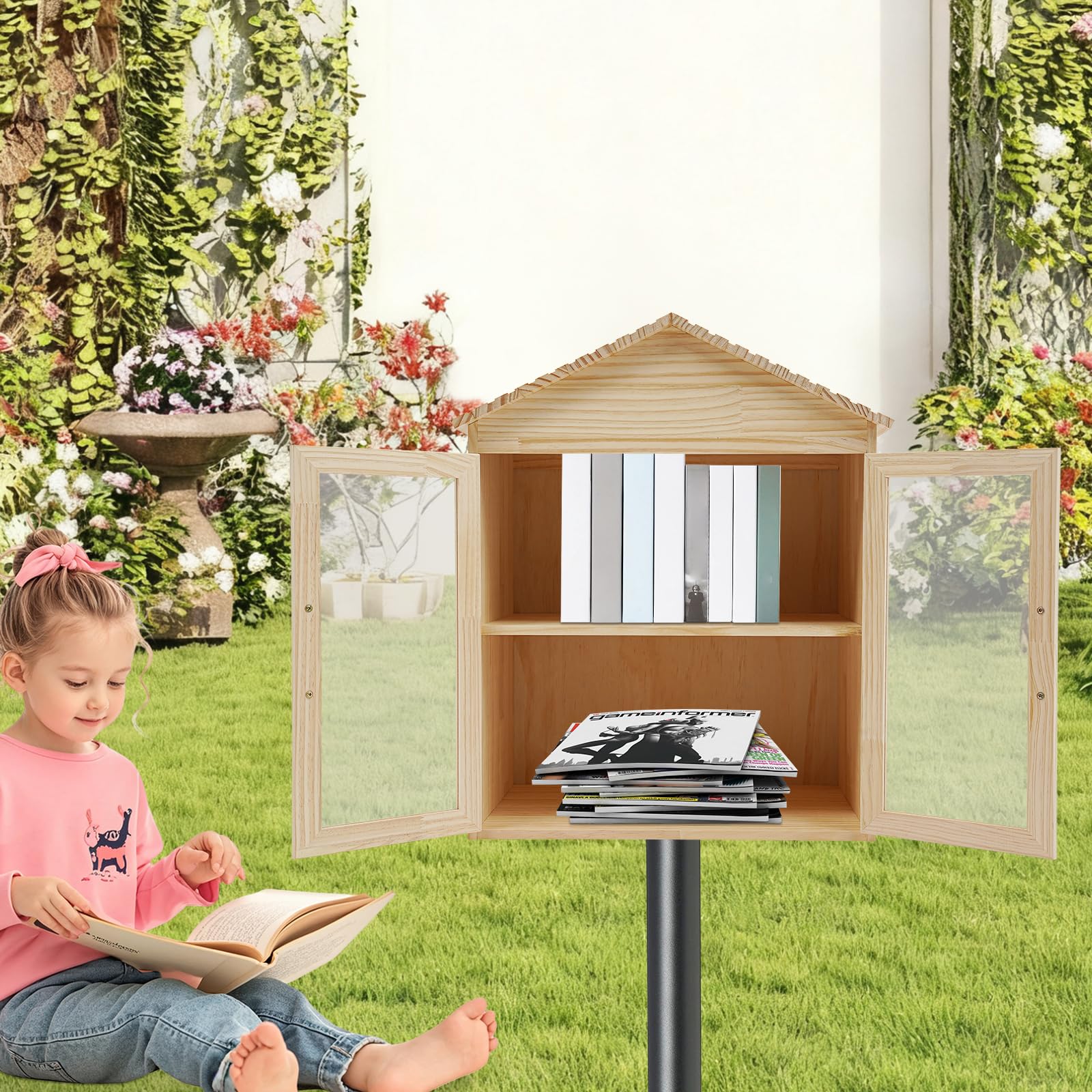 Outdoor Library Book Box, Double Literaturaustauschbox, Bücheraufbewahrung, Kleiner Holz Bücherbox für Heimwerker, Nachbarschaften, Gemeinschaft und Schulen