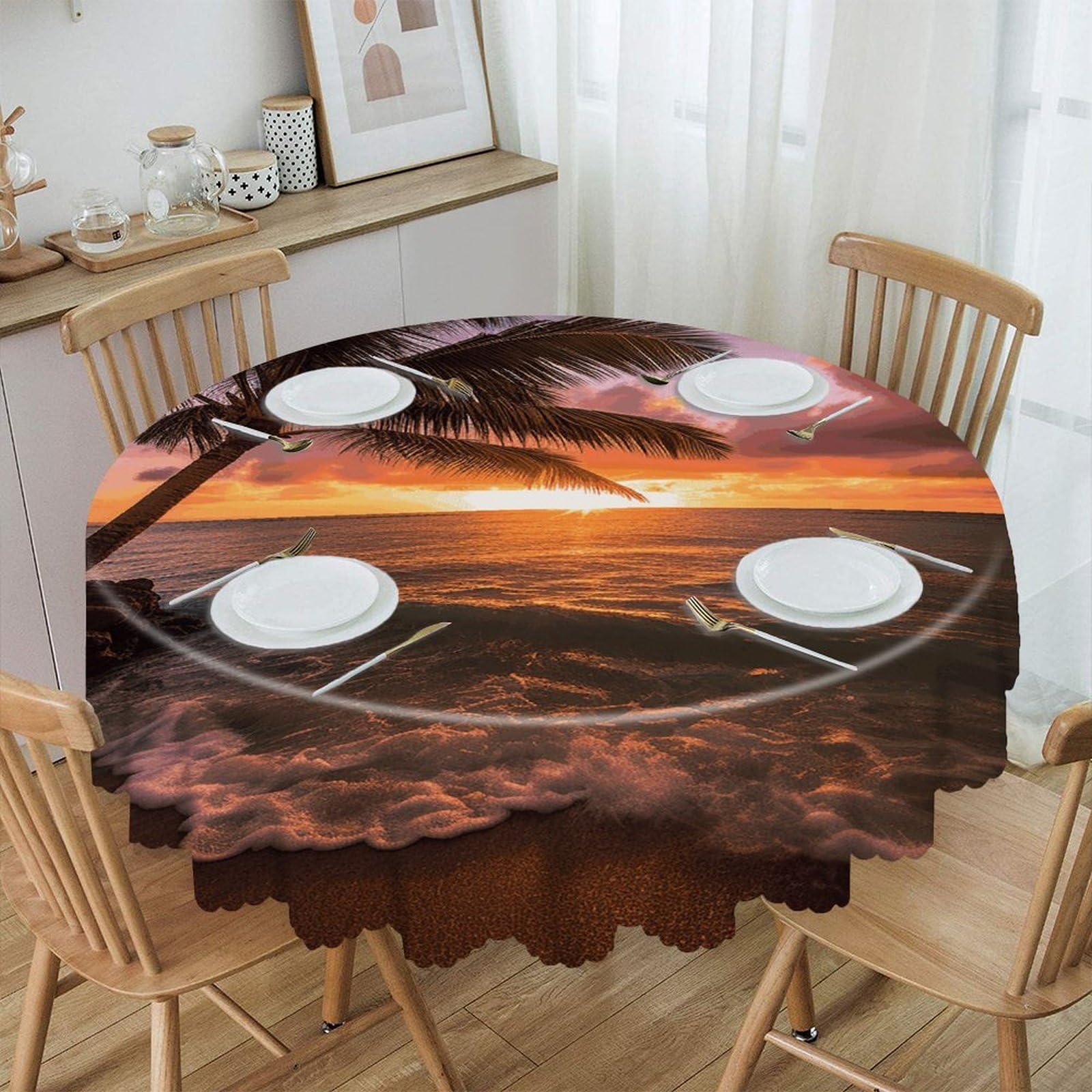 VstaDank Palm Tree Sunset Beach Round Tablecloth Premium Polyester Table Cloth Heavy Duty Washable Fabric Tablecloth Waterproof Holiday Table Cover Decorative Tablecloths for Dining 60"