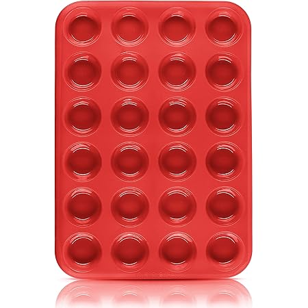 Belmalia Teglia per Mini Muffin, Silicone, 34 x 24 x 2 cm, 24 Stampi, Rivestimento Antiaderente Cupcake Brownie Budino Rosso