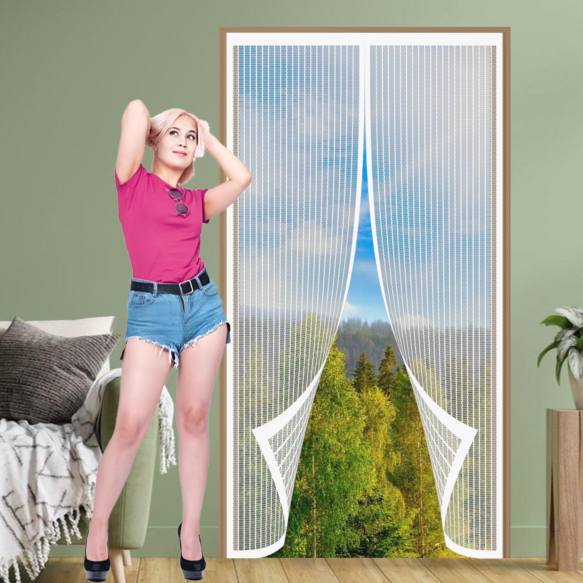 Magnetic Mosquito Net Door 109 x 181 cm New Design Side Buckle Automatic Closing for Balcony, Basement and Patio Doors, White