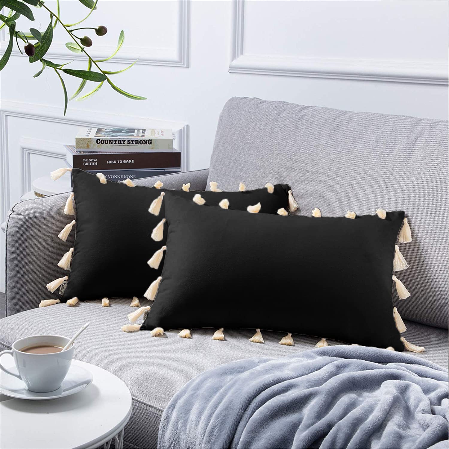 Boho Decorative Throw Pillow/Cushion Covers with Tassels for Couch Bed Sofa Soft Velvet Cushion Covers Black (12x18)-image-8