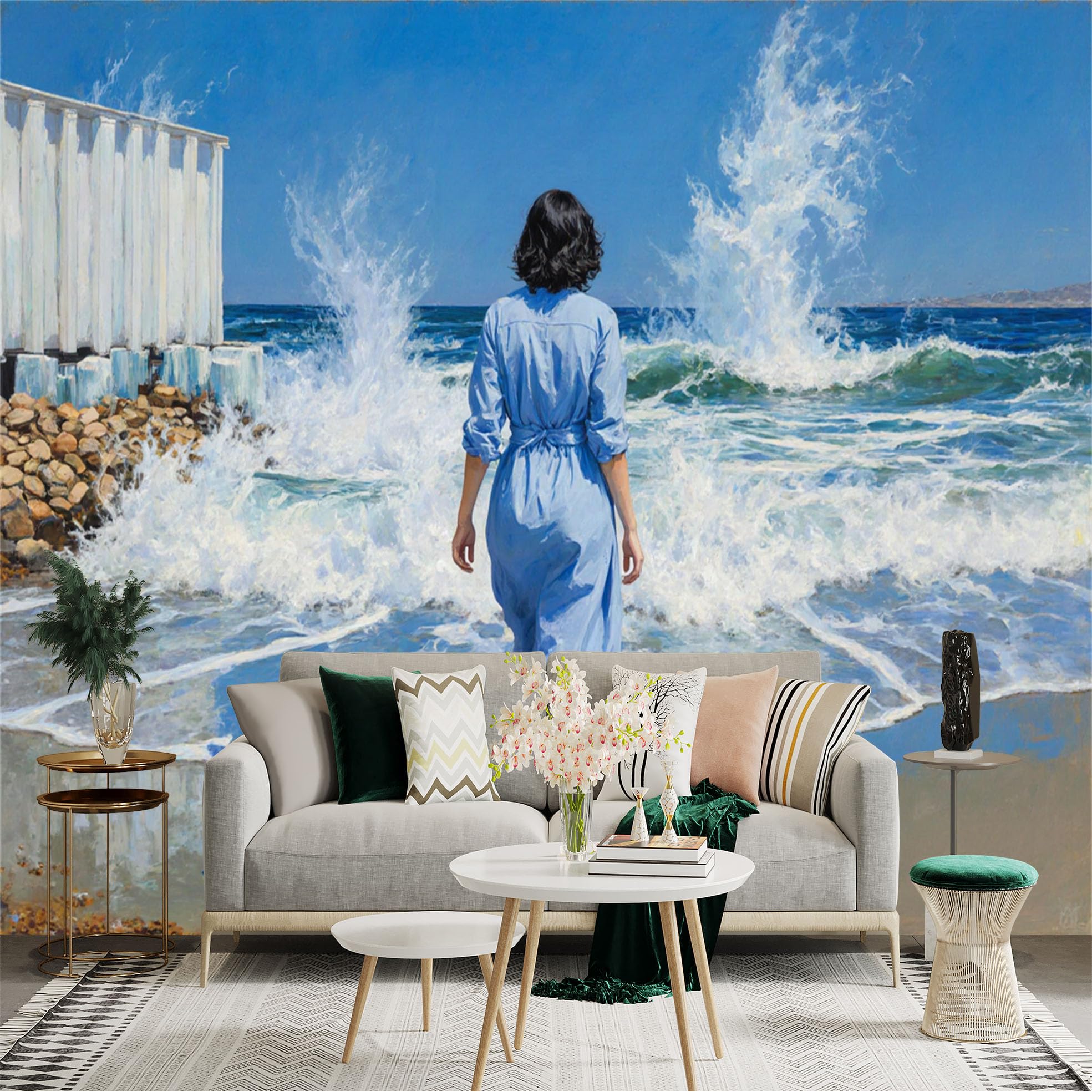 Lnzczhyre Xc260505680 Custom Size Wall Sticker Mural， Woman In Blue Dress Walking On Beach， Ocean Waves Splashing， Serene Coastal Scenery， Summer Seascape， For Wall Decoration， Peelandstick Wall Decals.