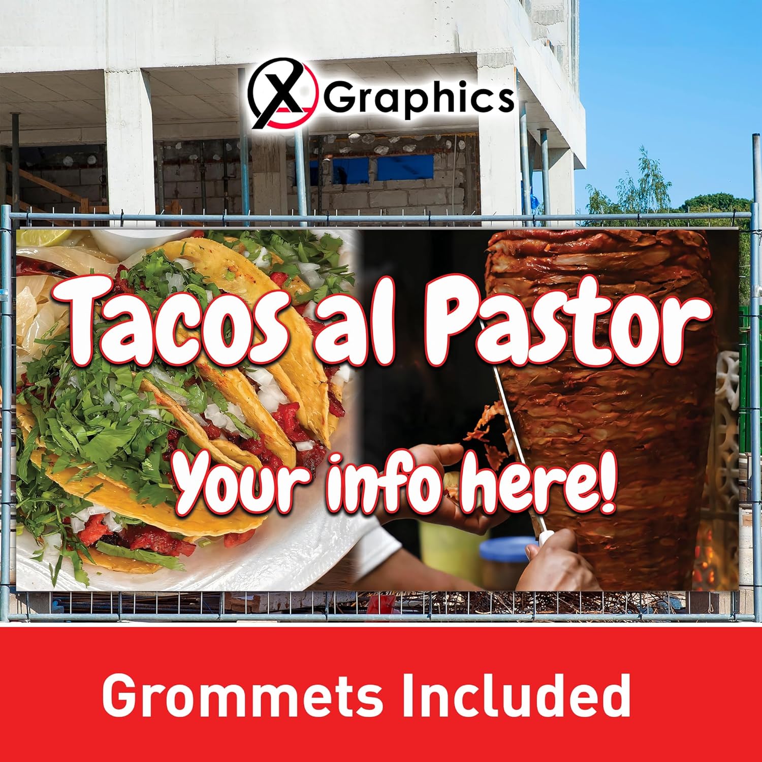 Tacos al Pastor Banner 13 oz heavy duty vinyl banner sign with metal grommets, advertising, flag, many sizes, custom banner, custom phone, Tacos al Pastor Lona, Tacos de Trompo