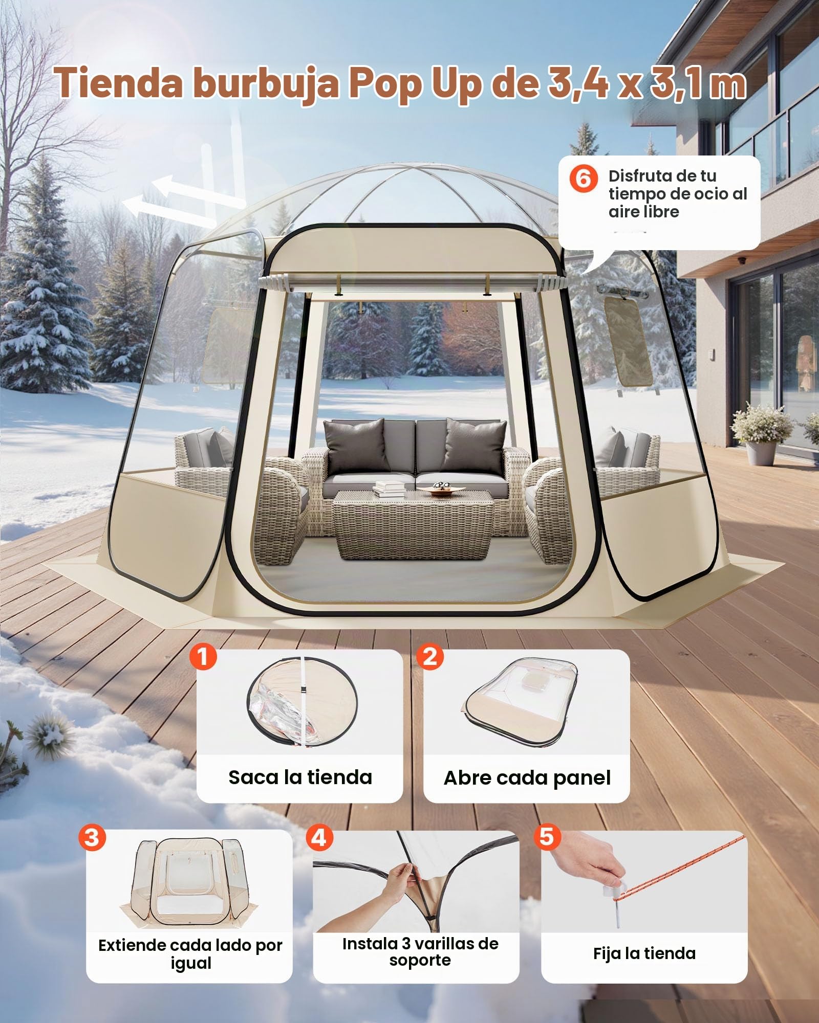 VEVOR Tienda de Campaña Plegable, 336 x 305 x 220 cm, Impermeable y Resistente a Los Rayos UV, Tienda Transparente con Ventanas y Vista Panorámica de 540° para 8-10 Personas para Patio y Jardín