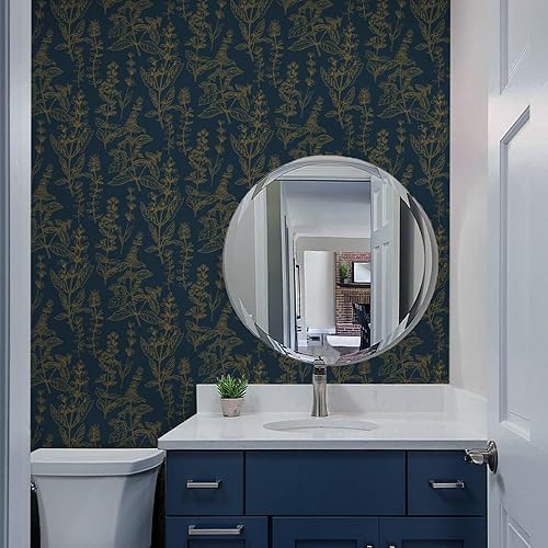 Miniatura 9 de Micpolo Papel tapiz de despegar y pegar, papel tapiz azul y dorado, papel de contacto floral para armarios, dormitorio, baño, papel tapiz extraíble