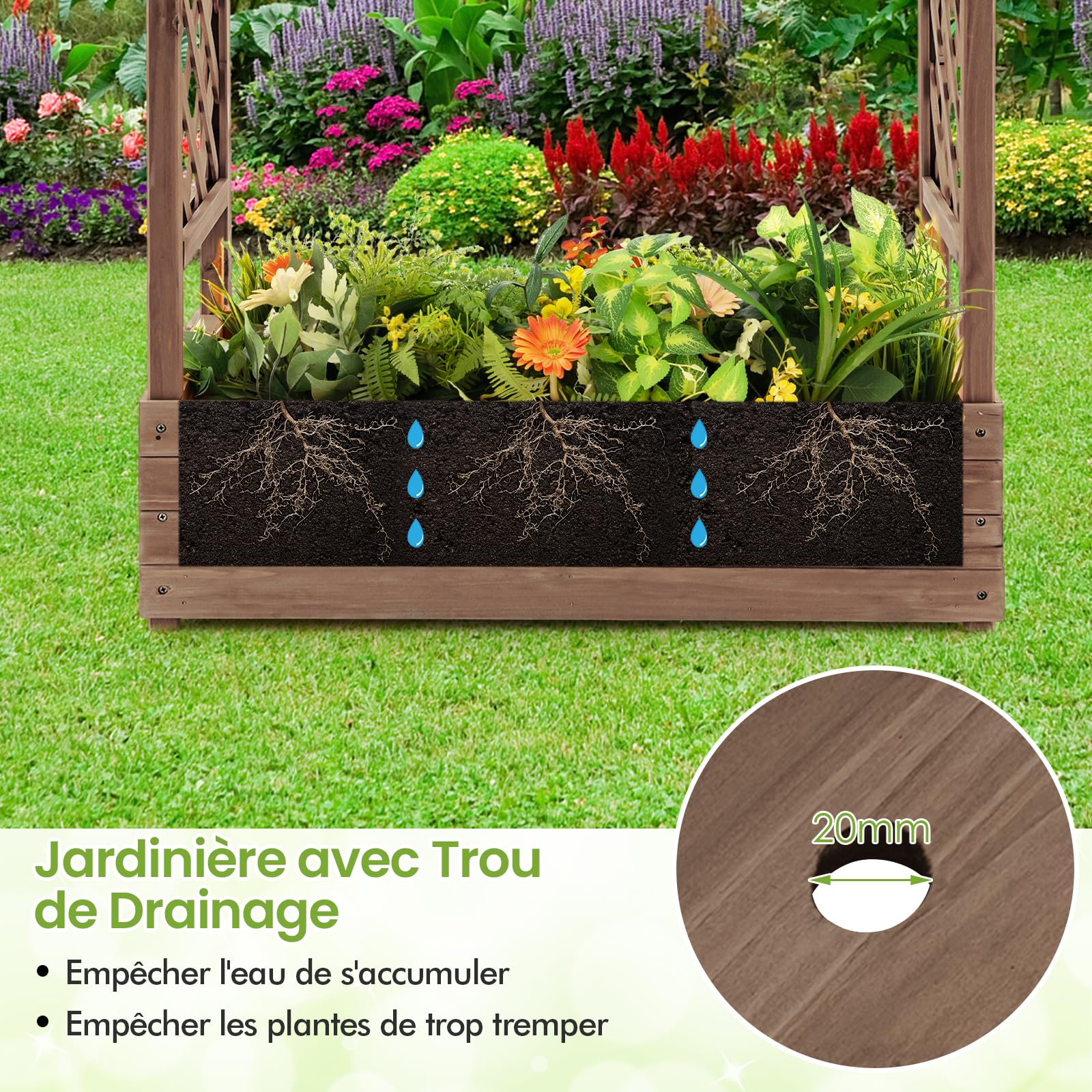 GOPLUS Jardiniere Treillis en Bois Stable avec Trou de Drainage pour Plantes Grimpantes, Fleurs, Jardiniere Balcon avec Barres de Toit pour Cour, Jardin, Interieur, 110 x 44 x 113,5CM (Marron)