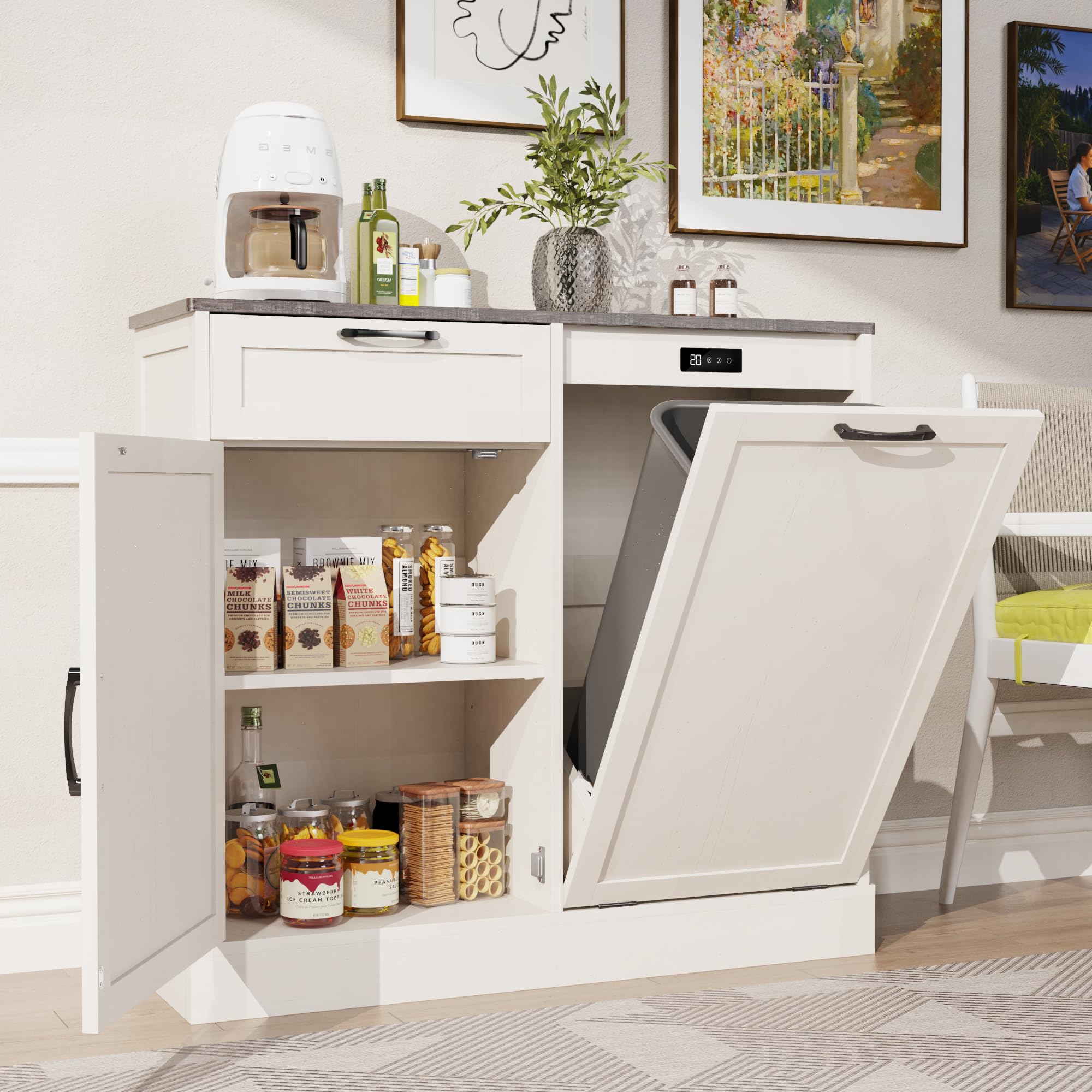 LOUVIXA Double Tilt Out Trash Can Cabinet, Kitchen Island with Trash-Storage, Trashcan Cabinet for Kitchens, Wood Cabinet with Trash Can Pull Out, Dog Proof Trash Storage(Off White, Single)