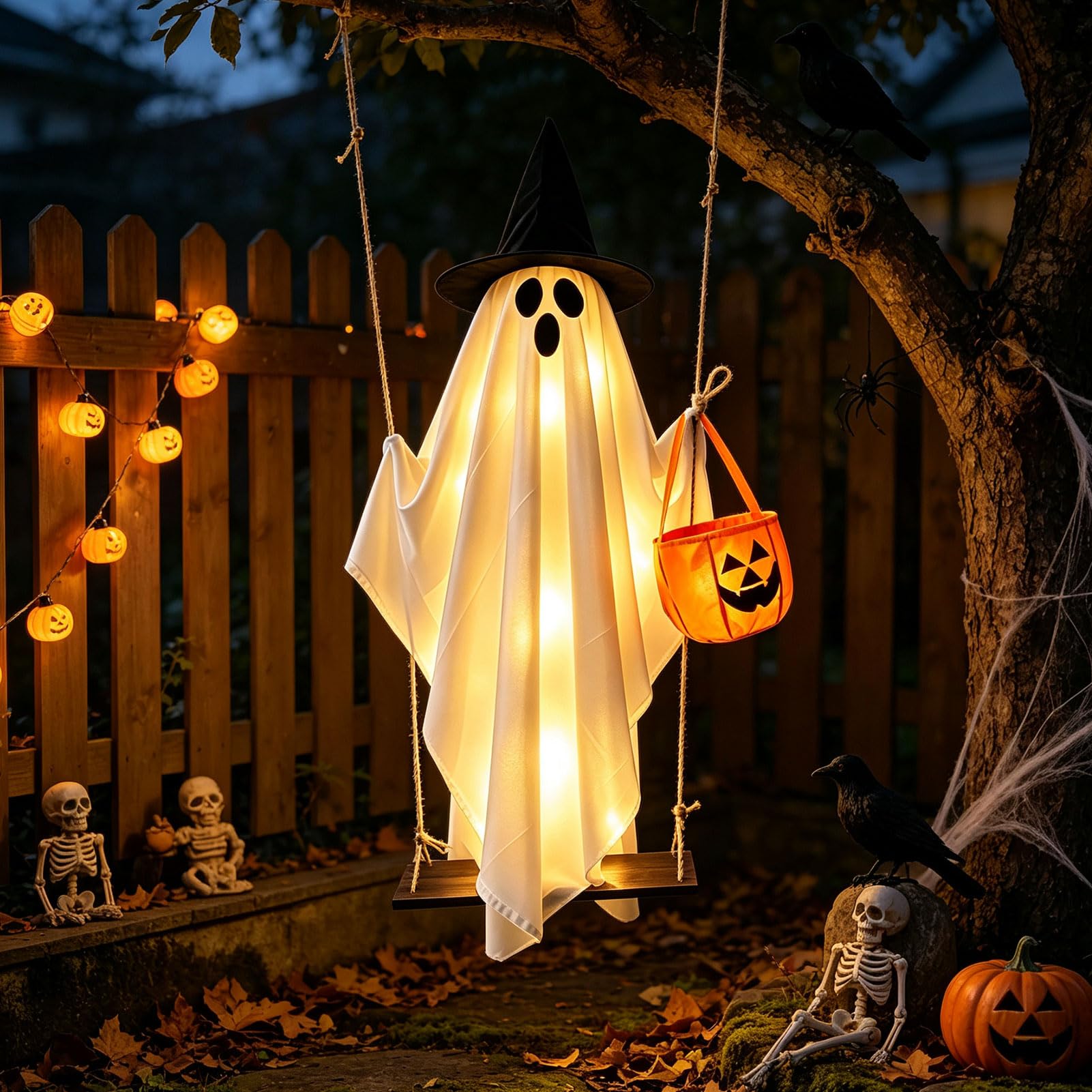 Halloween Deko Outdoor Leuchtend Geister Hängend mit Lichterkette 1.5M (A) | Hängende Geister Schaukel mit Kürbis Tüten, Gruselige Leuchtend Geist mit Hexenhut Auf Holzschaukel für Halloween Deko Garten