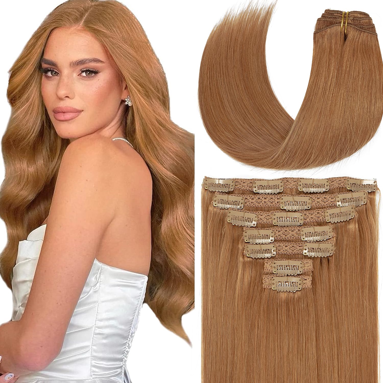 Loxxy 20 Inch Clip in Hair Extensions Human Hair Thick Straight Double Weft Autumn Blonde Brazilian Remy Hair 140G