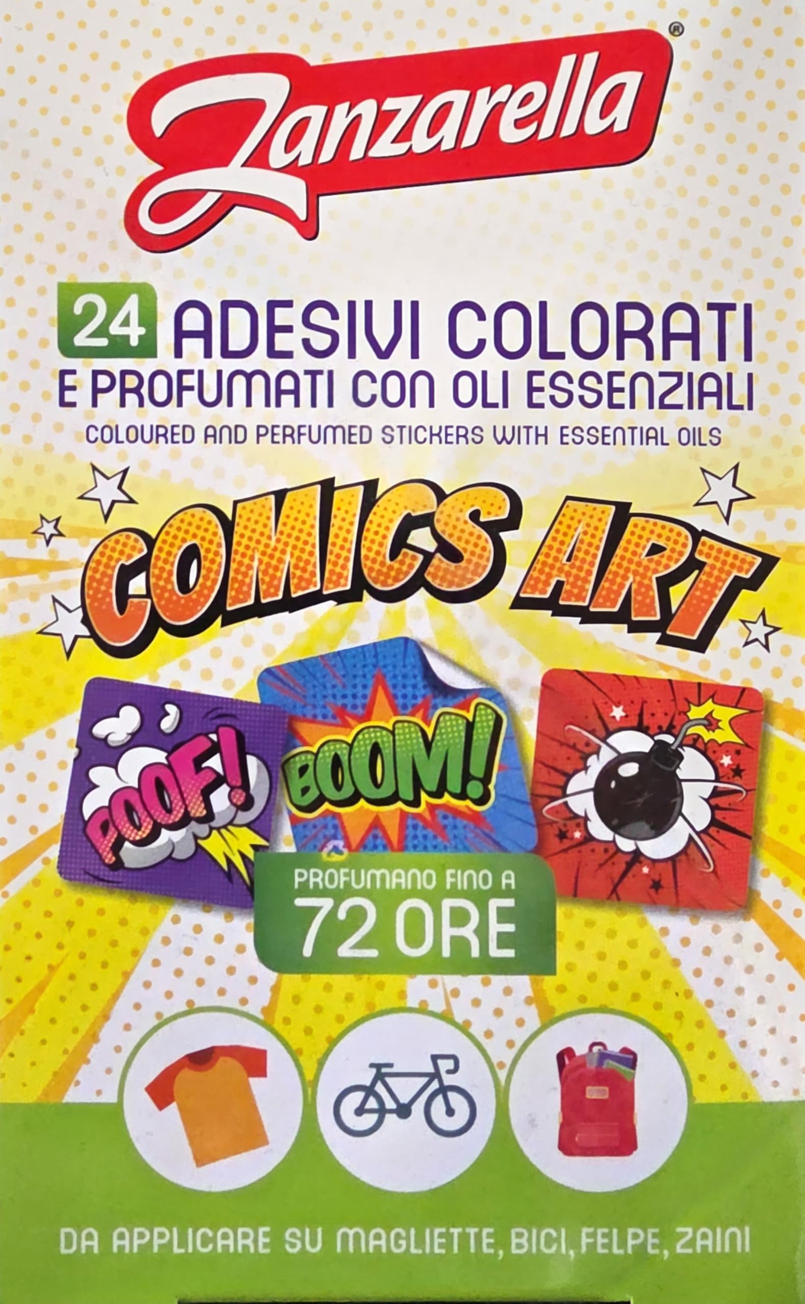 Zanzarella, 24 Adesivi Antizanzare Diffusori Comics Art, con Repellente per Zanzare A Base di Oli Essenziali Naturali, Senza Insetticida, Decorativi, Applicabili a Diverse Superfici, Attivi Fino a 72h