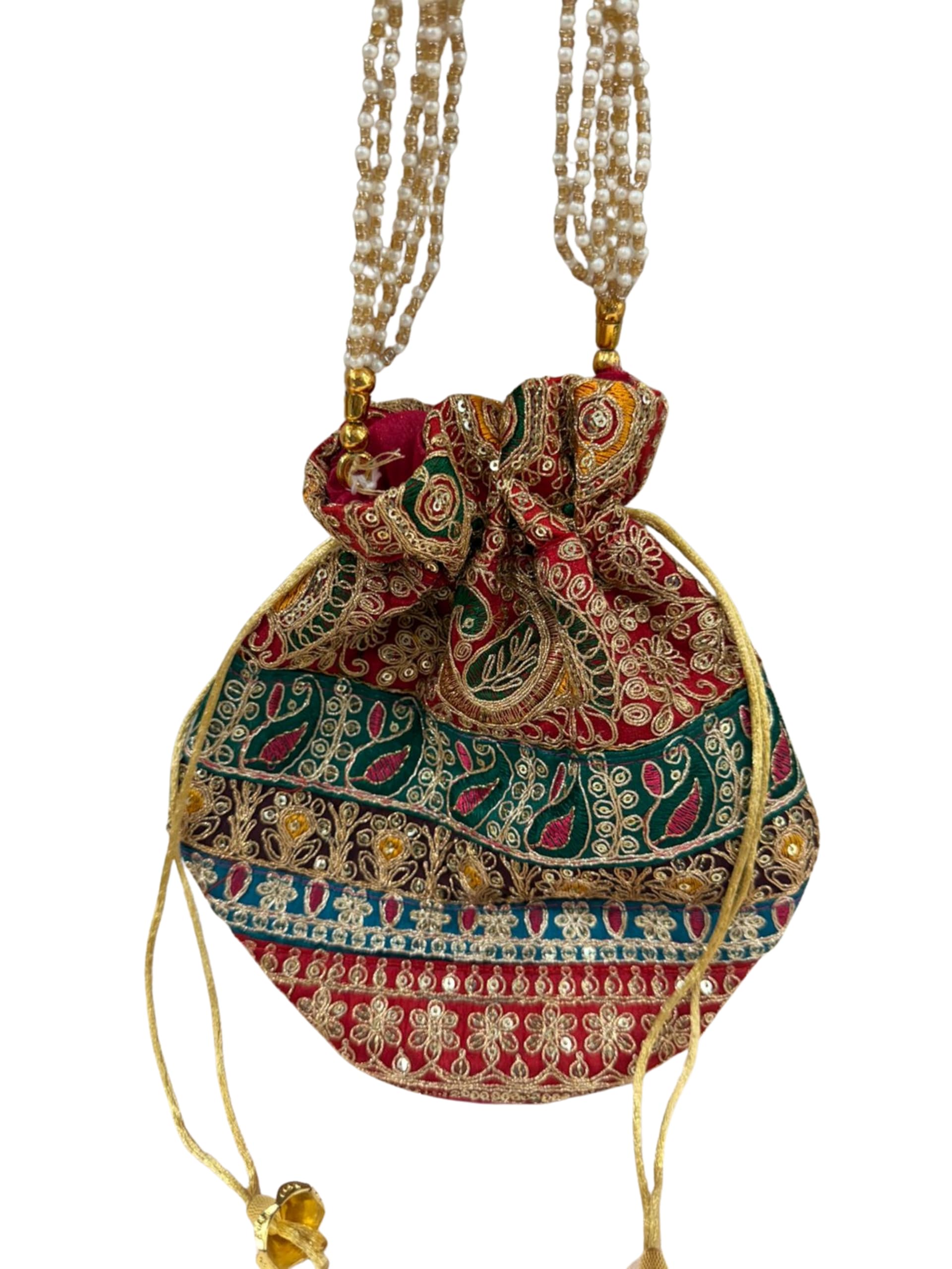 Women Potli Bag Sequin Embroidered Pearl Handle - Ethnic Drawstring Clutch Round Base - Wedding Party Festival Handbag 9x5 inch-image-25