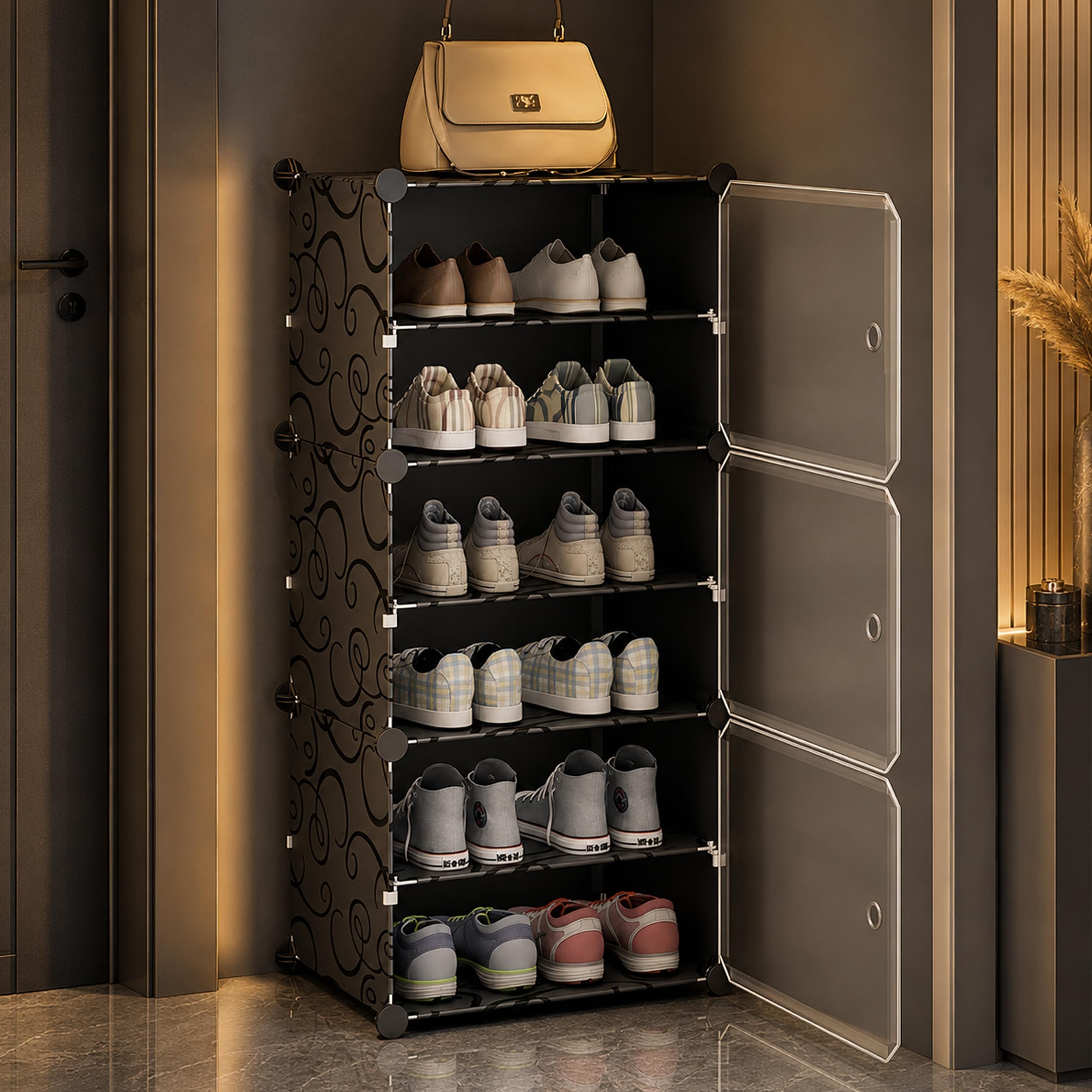AYSIS Premium Foldable Plastic Shoe Rack for Home, 𝟑 𝐃𝐨𝐨𝐫 𝟔 𝐒𝐡𝐞𝐥𝐟 Shoe Cabinet, Dustproof & Waterproof Organizer, Portable Space Saving Storage for Entryway, Bedroom & Living Room, Black