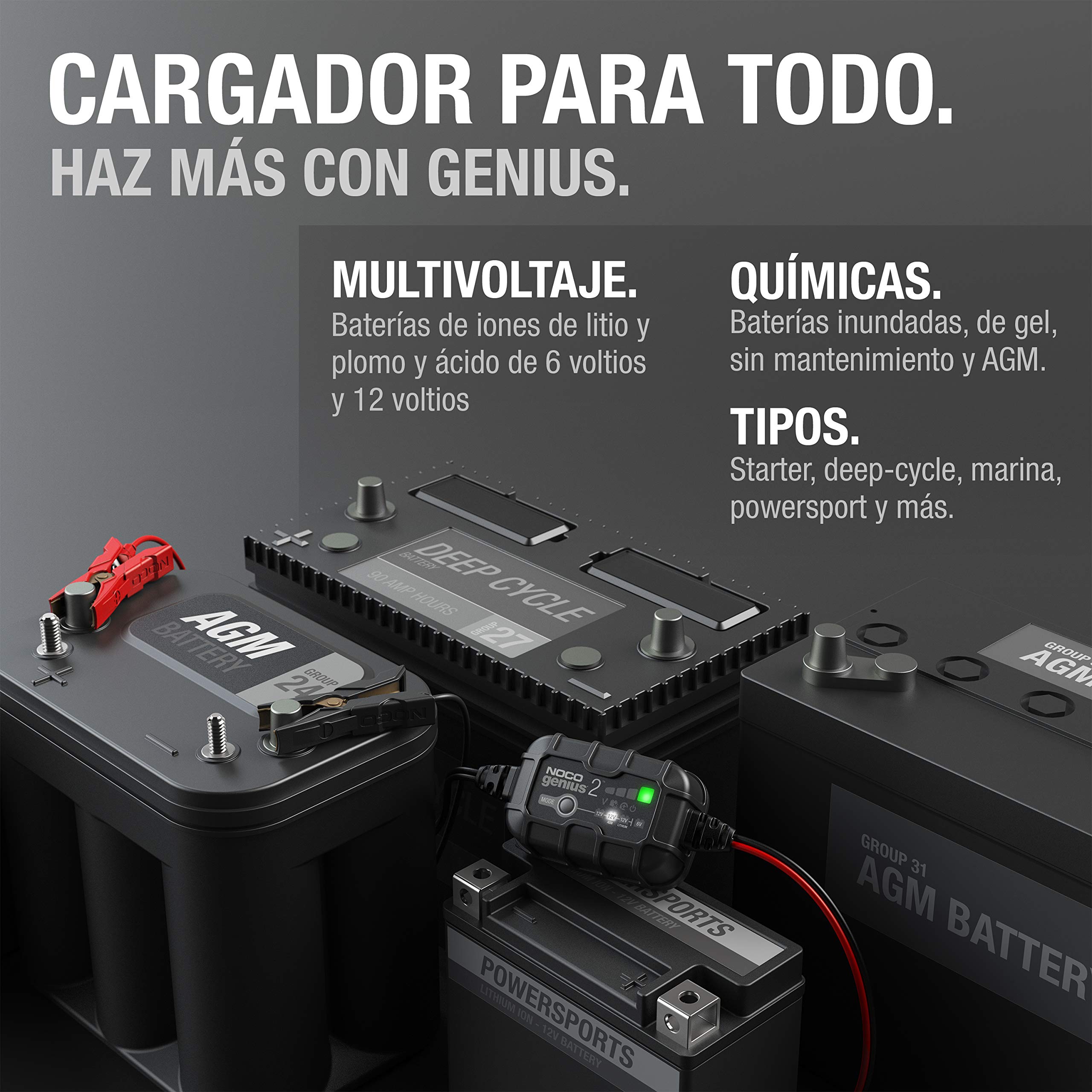 NOCO GENIUS2: Cargador Inteligente de baterías 2A 6V/12V – Mantenedor automático y desulfatador – Protección contra sobrecarga y compensación térmica – para baterías de Plomo y Litio