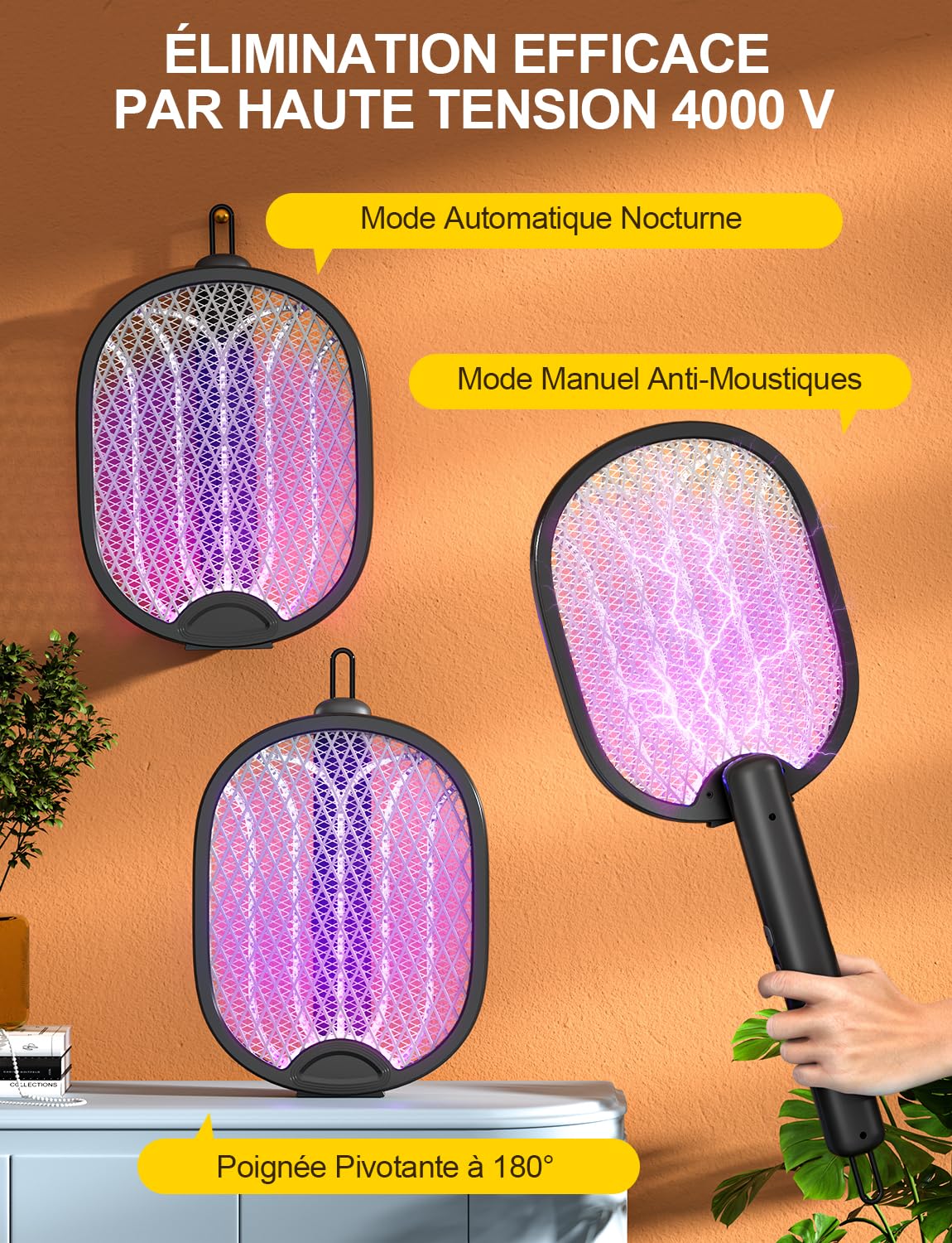 Raquette Anti-Moustiques Électrique 4000V Pliable – 3 En 1 Ultra Puissante 1800mAh Avec LED Violette Pour Moustiques, Mouches Et Insectes