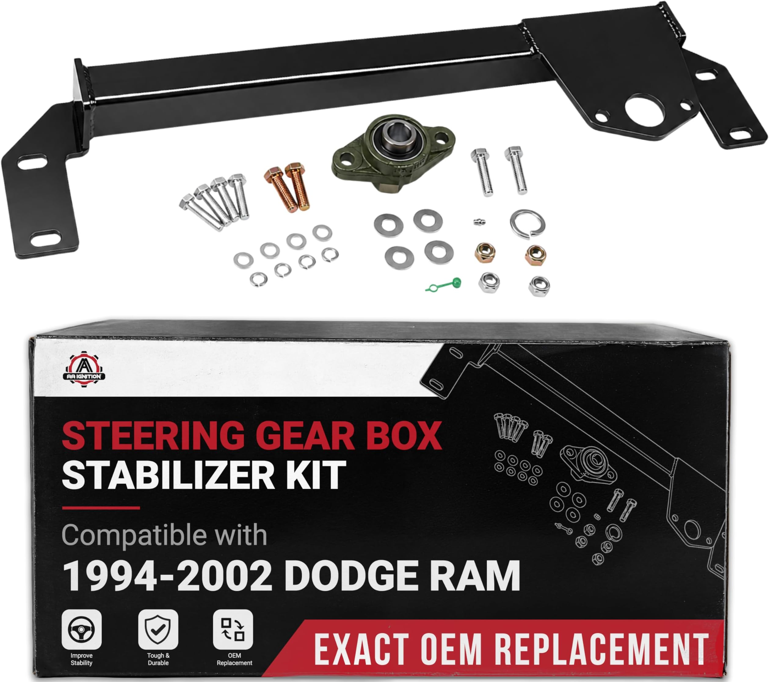 Steering Gear Box Stabilizer Kit - Compatible with Dodge Ram Trucks - Replaces 1032004-1994-2001 Ram 1500, 1994-2002 Ram 2500, 3500 4x4 - Dual Steering Stabilizer Shock Brace Bar - Death Wobble Fix