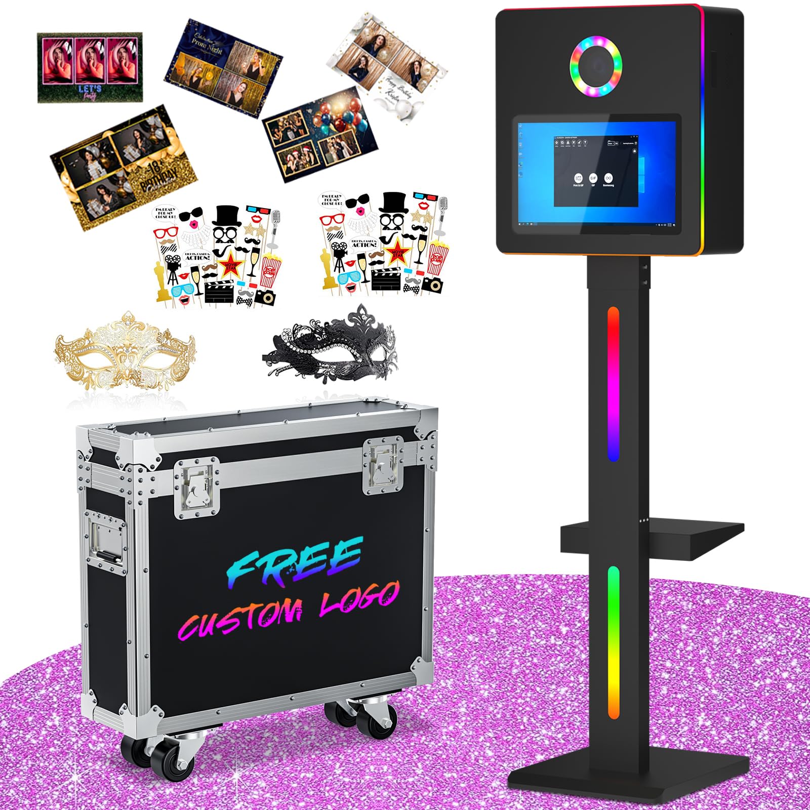 DSLR Photo Booth Built-in Mini PC and Flight Case, Mirror Photo Booth with 15.6" Touch Screen,RGB Lights,App Control, for Parties Weddings Event Rentals (Black)