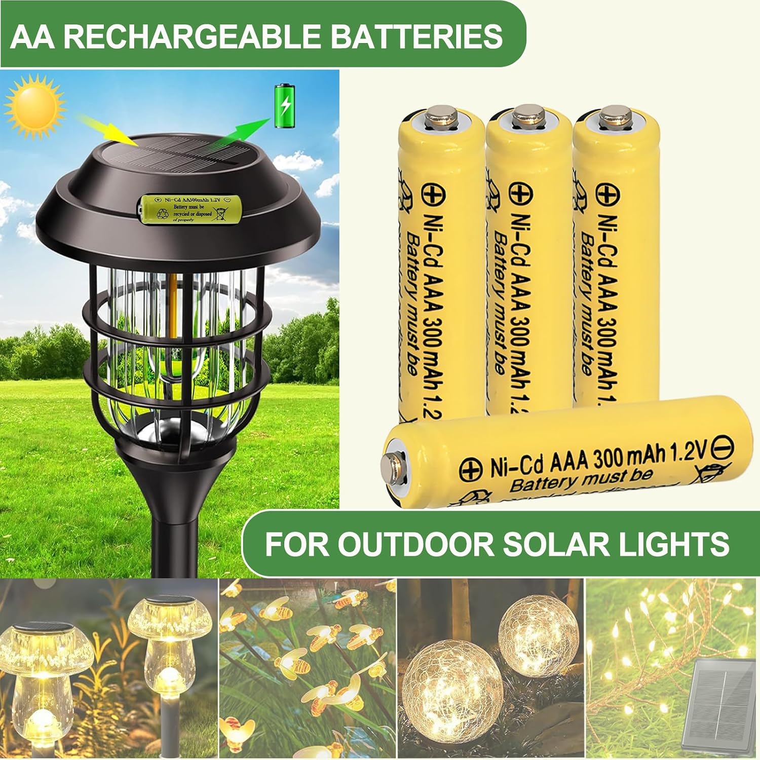 10 Packs AAA Size 300mah 1.2 Volt Nicd Solar Batteries, NICD Triple A 1.2V Rechargeable Battery for Outside Light, LED String Lights, Pathway Lights,Lantern, TV Remote