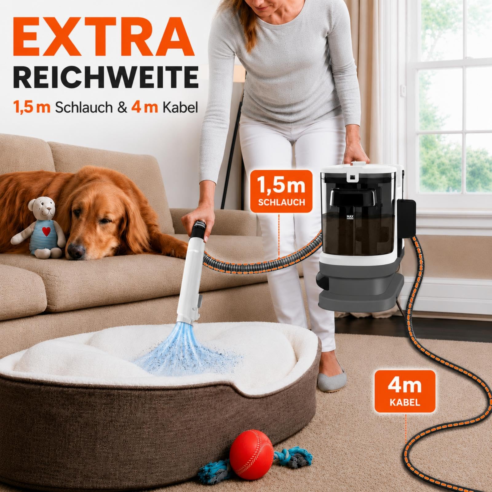 Polsterreiniger Gerät Nasssauger Waschsauger, 450W Waschsauger Teppichreiniger, 12Kpa Polsterreiniger Gerät Mit Tierhaarbürste für Sofa, Teppich, Polster Autositze und Treppen