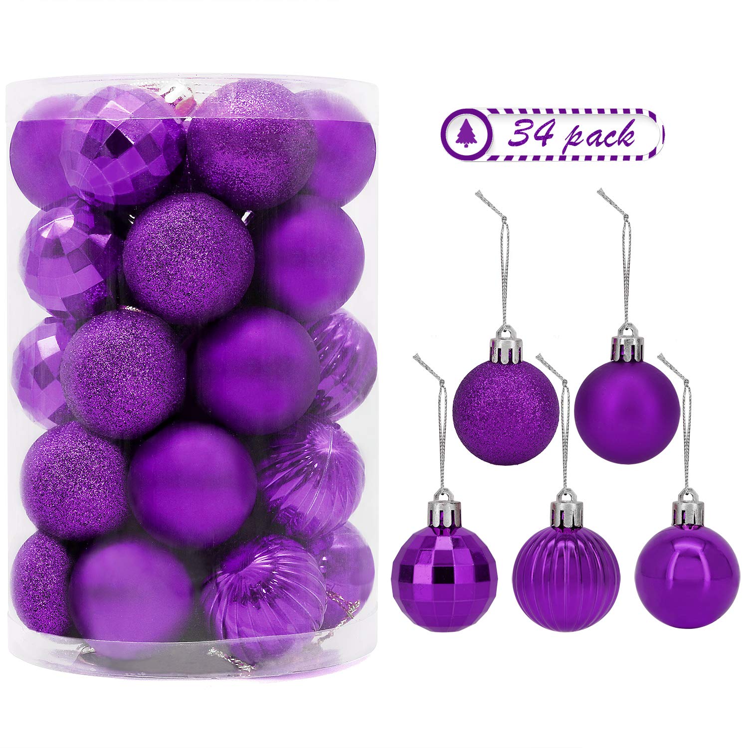 34 PC Colorful Christmas Ball Ornaments for Xmas Tree, Beautiful Hanging Balls for Holiday, Wedding Party Decoration are Available and Hooks Included (Purple)