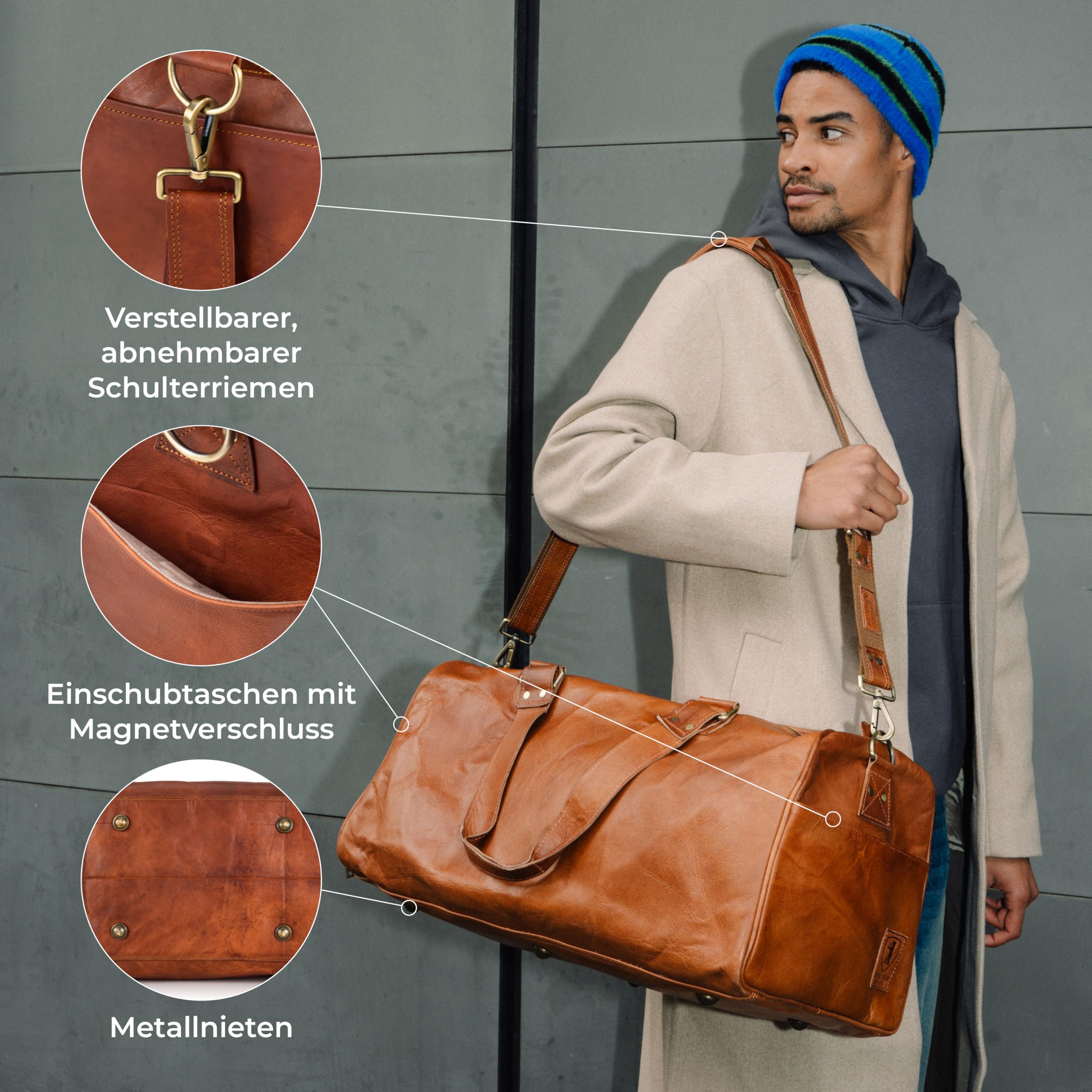 Berliner Bags Vintage Weekender Oslo wasserdichte Reisetasche aus Leder Duffel Bag 50L Braun