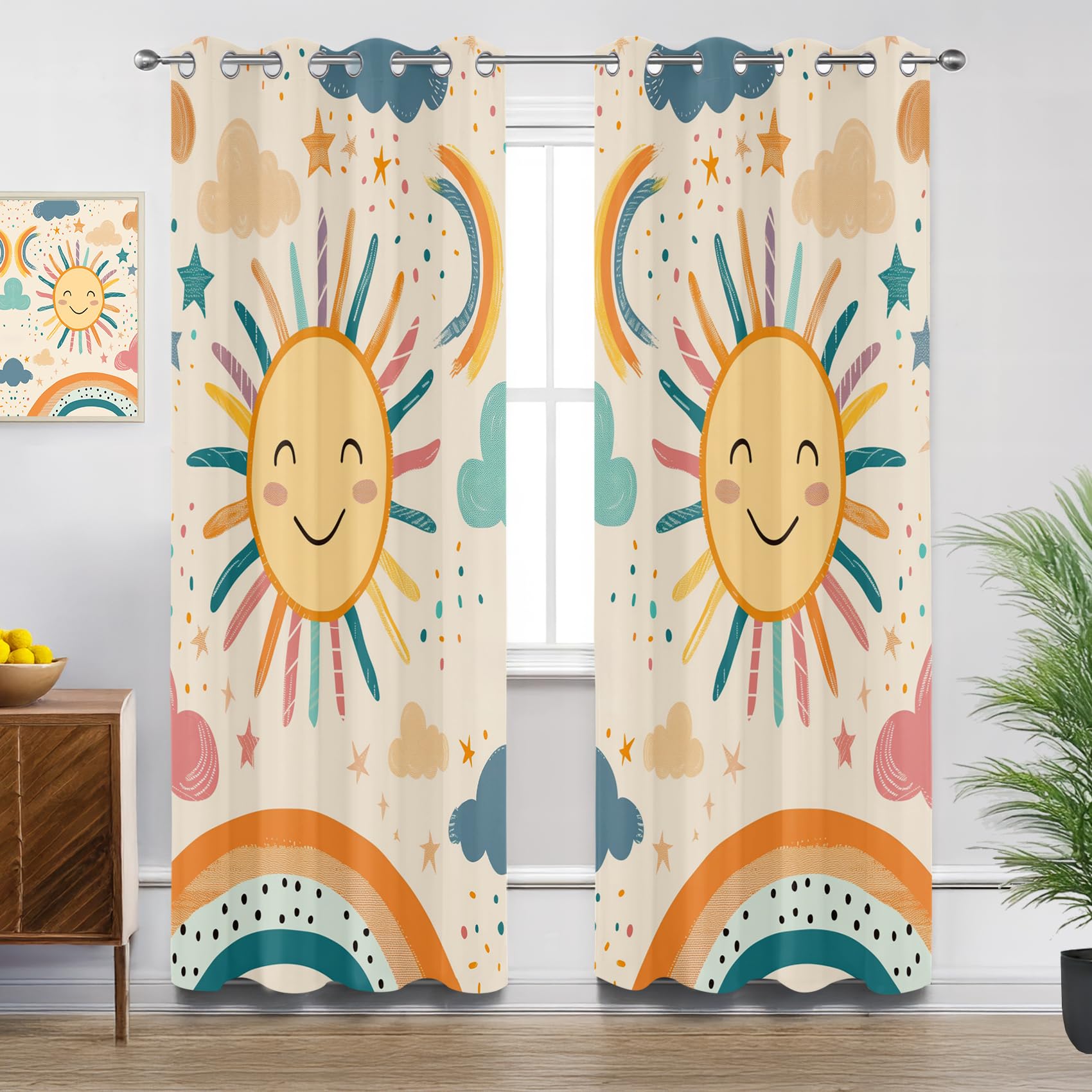 Mistela Kids Bedroom Curtains Eyelet, Colorful Smiling Sun Rainbow Nursery Blackout Thermal Insulated Soundproof Curtains for Living Room, W52 X D84, 2 Panels Window Treatments Home Decorations
