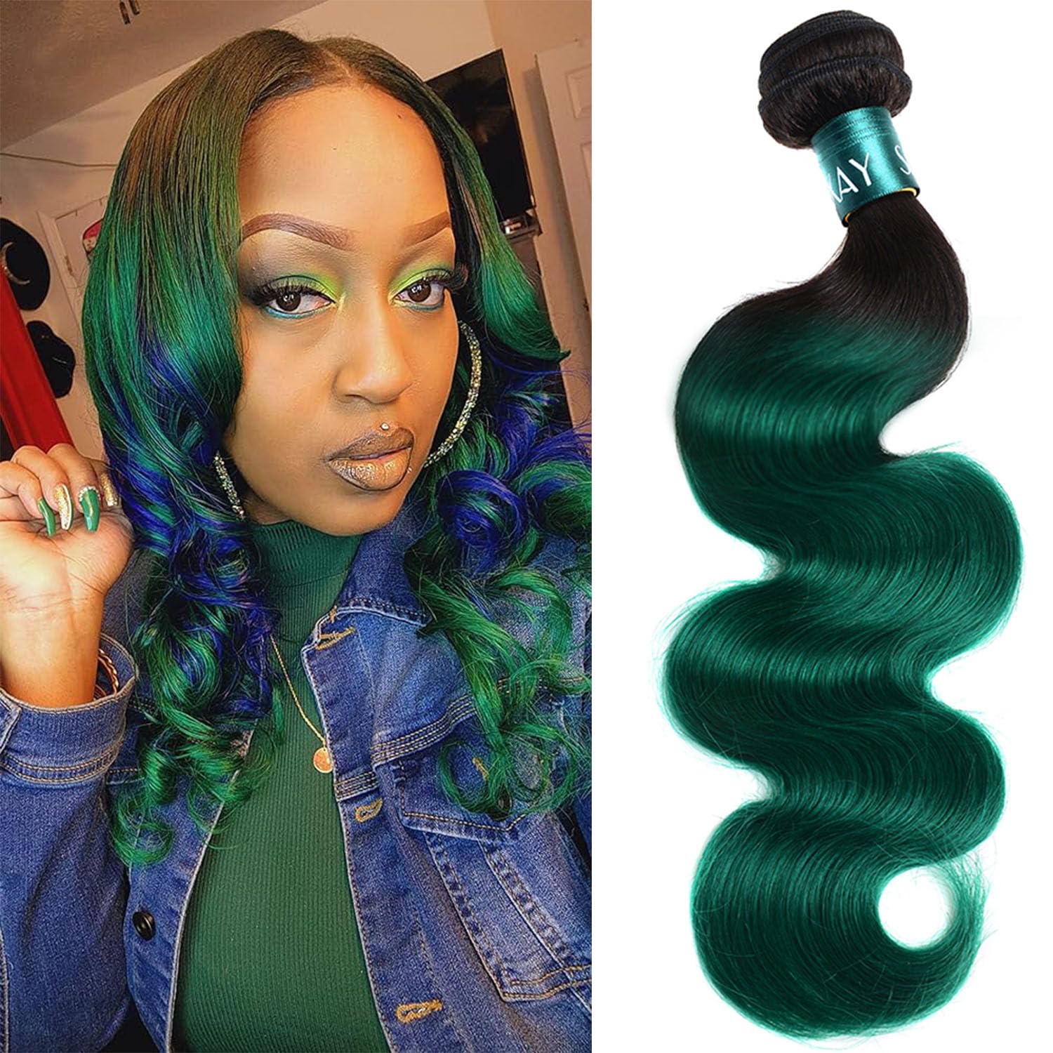 SEXAYHAIR Ombre Green Brazilian Body Wave Human Hair Bundles 2 Tone Ombre Hair 1 Bundle Remy Hair Body Weft Unprocessed Virgin Human Hair Bundles for Women (24", Body 1B/Green)