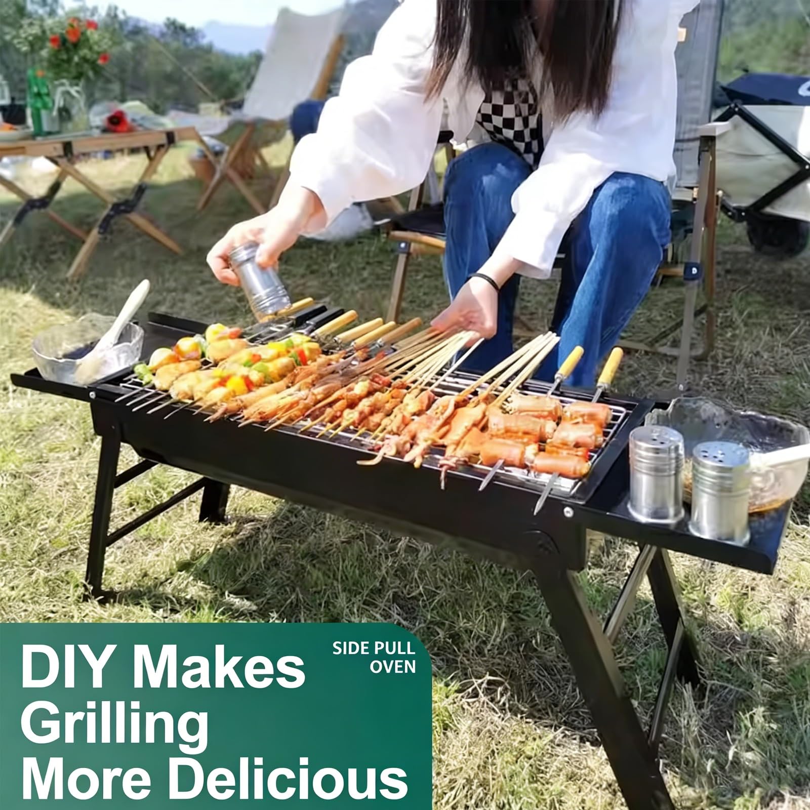Przenośny grill na węgiel drzewny z rusztem ze stali nierdzewnej i składanymi nogami kompletne akcesoria do grillowania na zewnątrz kemping i pikniki kompaktowa i lekka konstrukcja