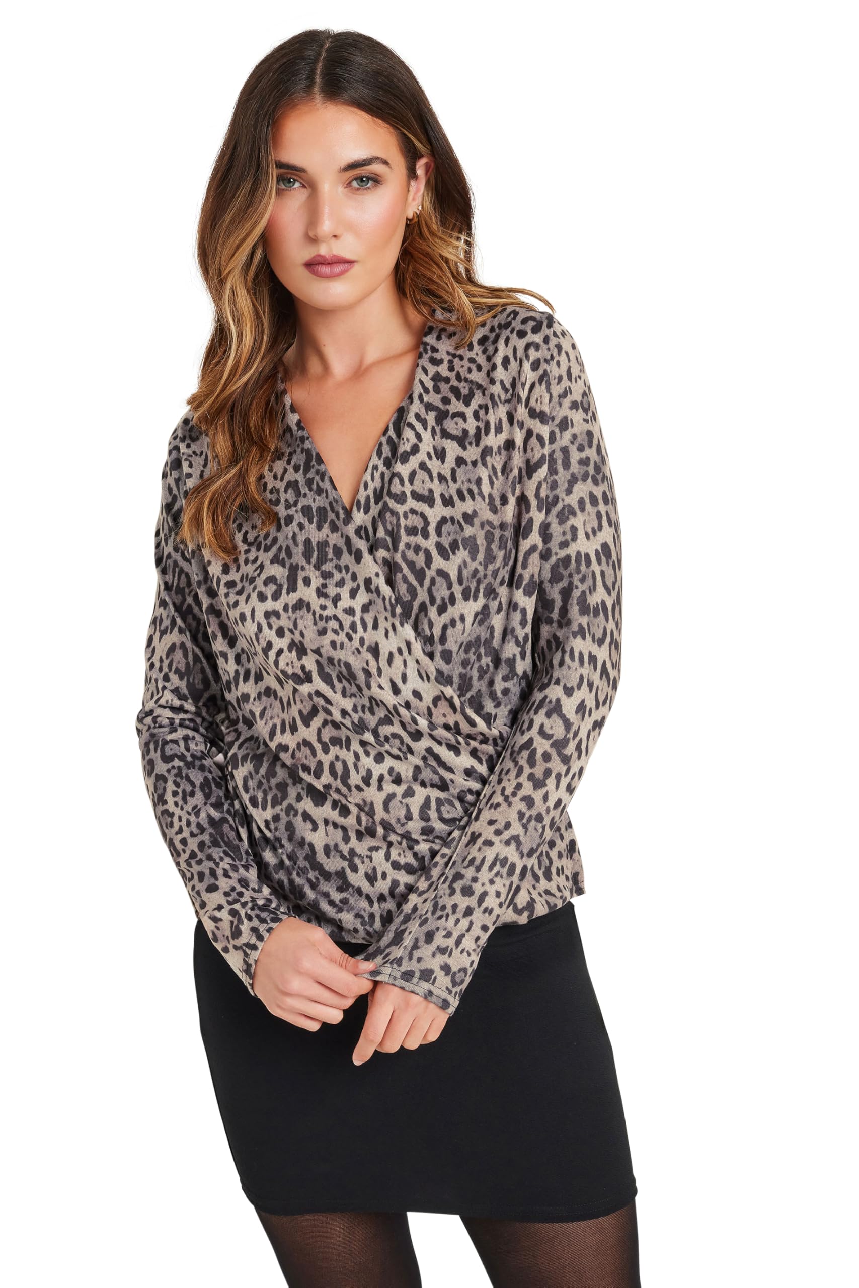 Long Tall Sally Leopard Print Wrap Top - Soft Touch Fabric - V-Neck - Long Sleeve - Women's Size 12 - Light Beige
