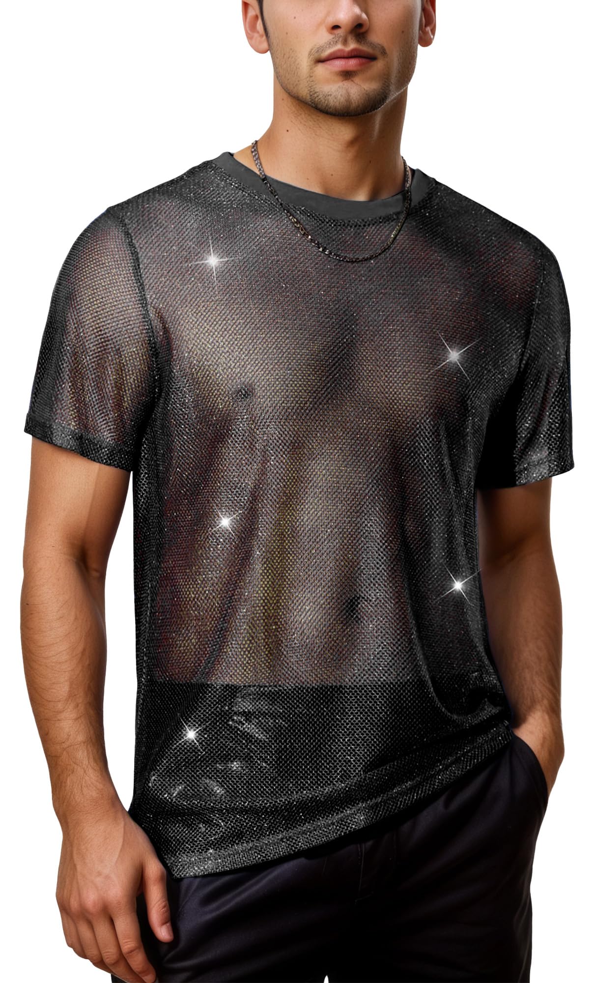 AIEOE Glitter Mesh Shirt voor Mannen Visnet Doorzichtig Tops Sparkle Korte Mouw T-Shirt Stretchy Shiny Clubwear, Zwart, XXL