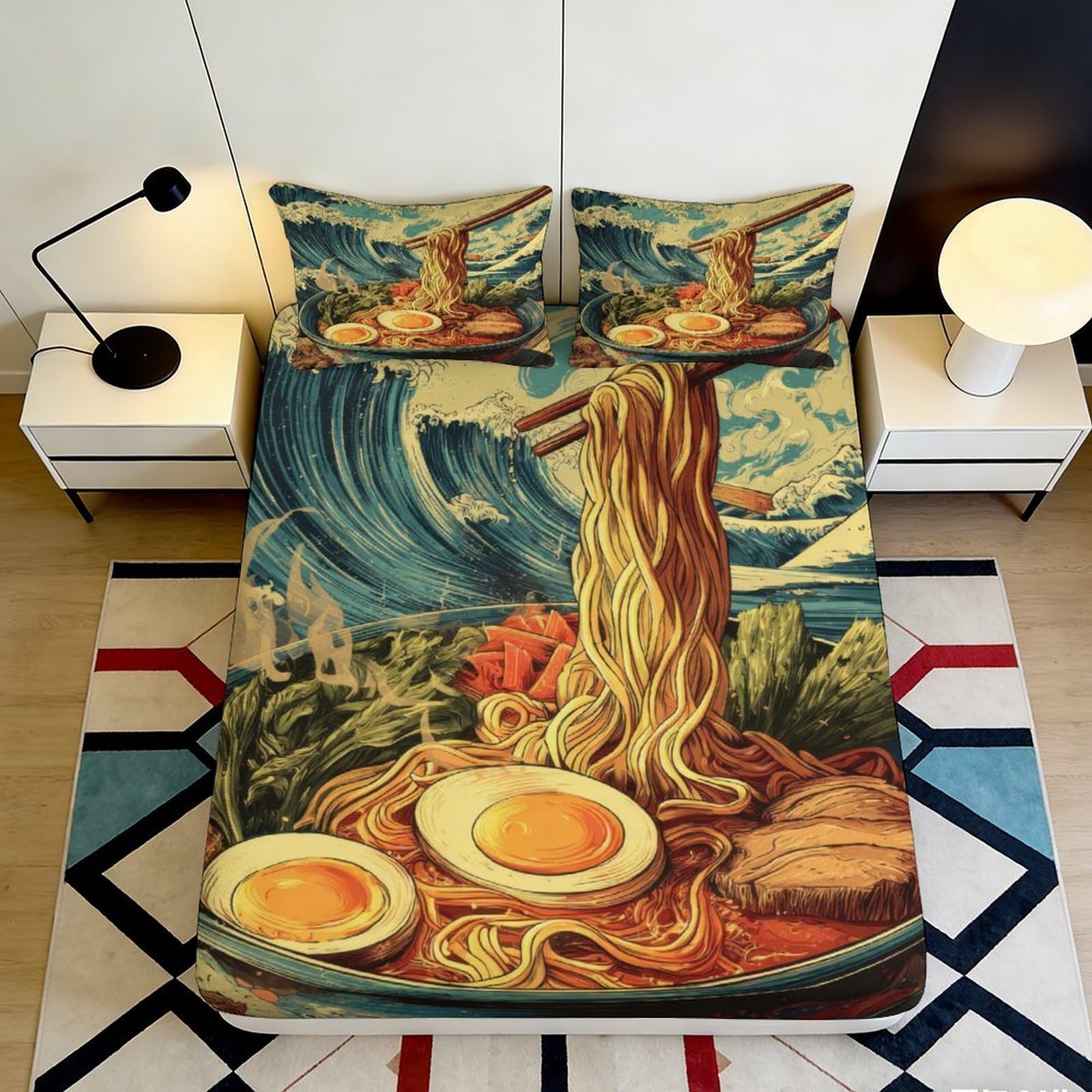 3D Printed Japanese Food Fitted Sheet Microfiber Deep Pocket Non-Slip Sushi Bedding Japanese Cuisine Mattress Fitted Cover 90x200x25cm
