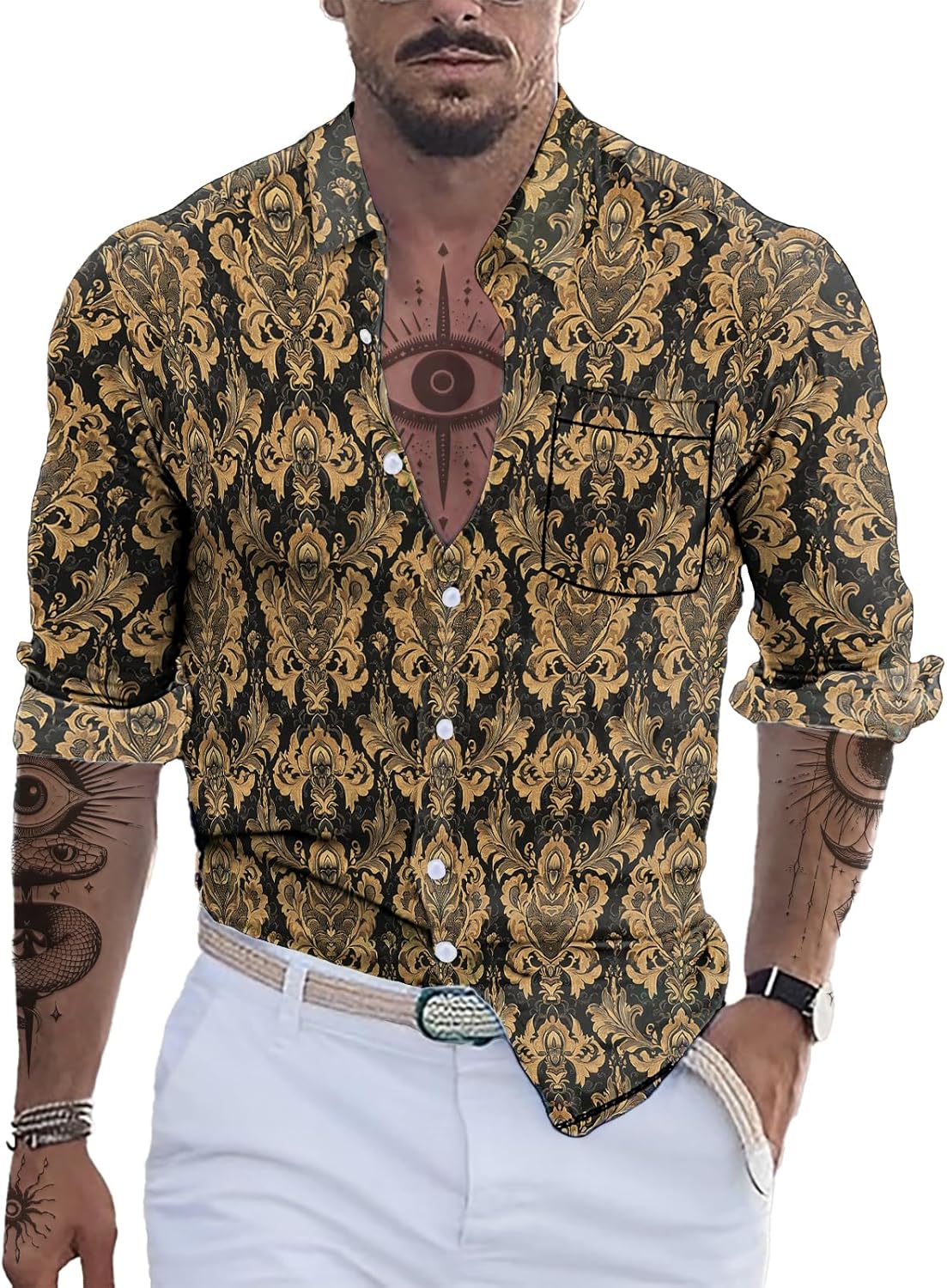 Mens Button Down Long Sleeve Shirt Ethnic 2025 Summer Hawaiian Beach Casual Vintage Cool Novelty Lightweight Shirt