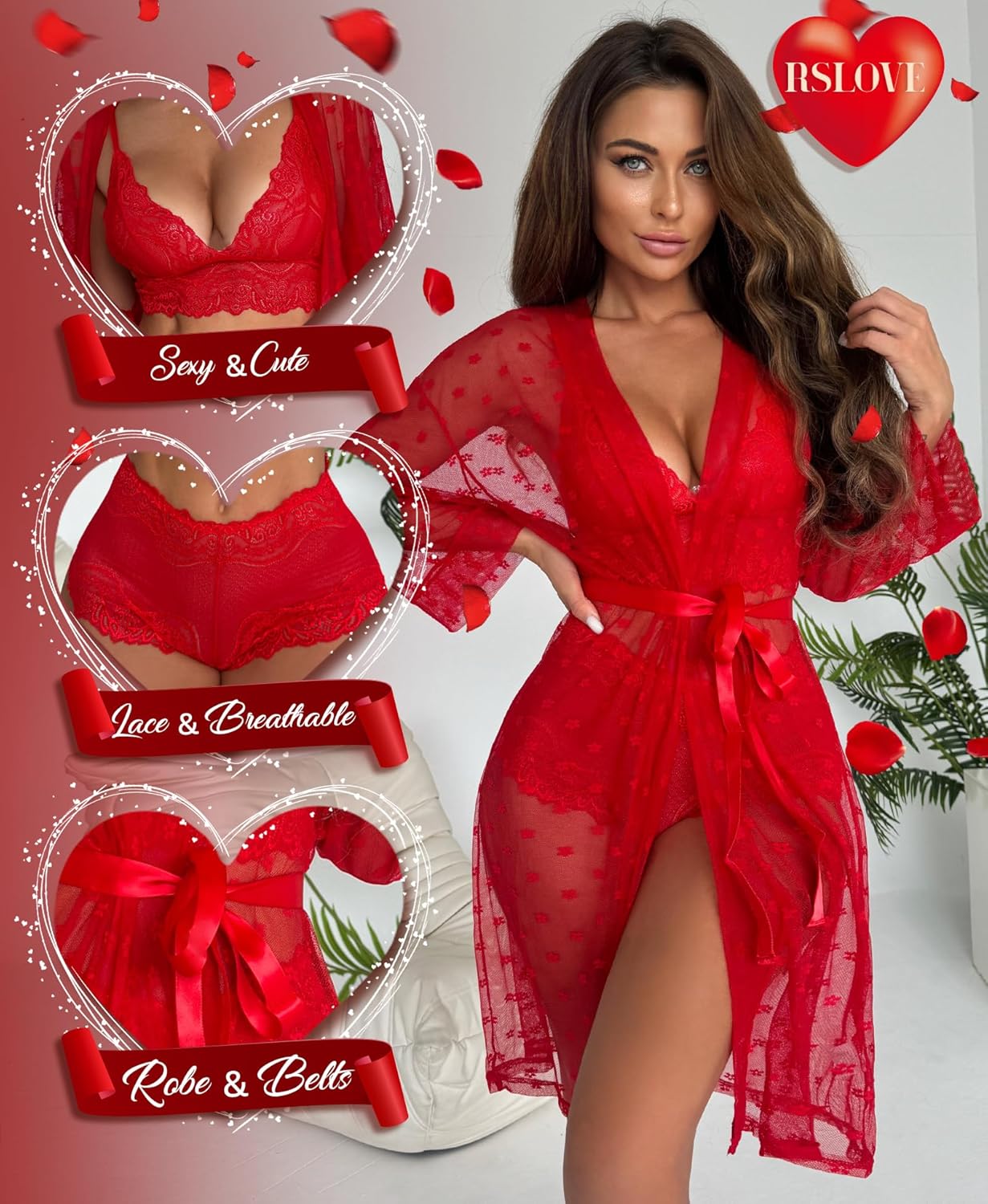 RSLOVE Women Sexy Lingerie Set 3 Piece Lace Kimono Robe with Bra and Panty Sheer Sleepwear - Image 3