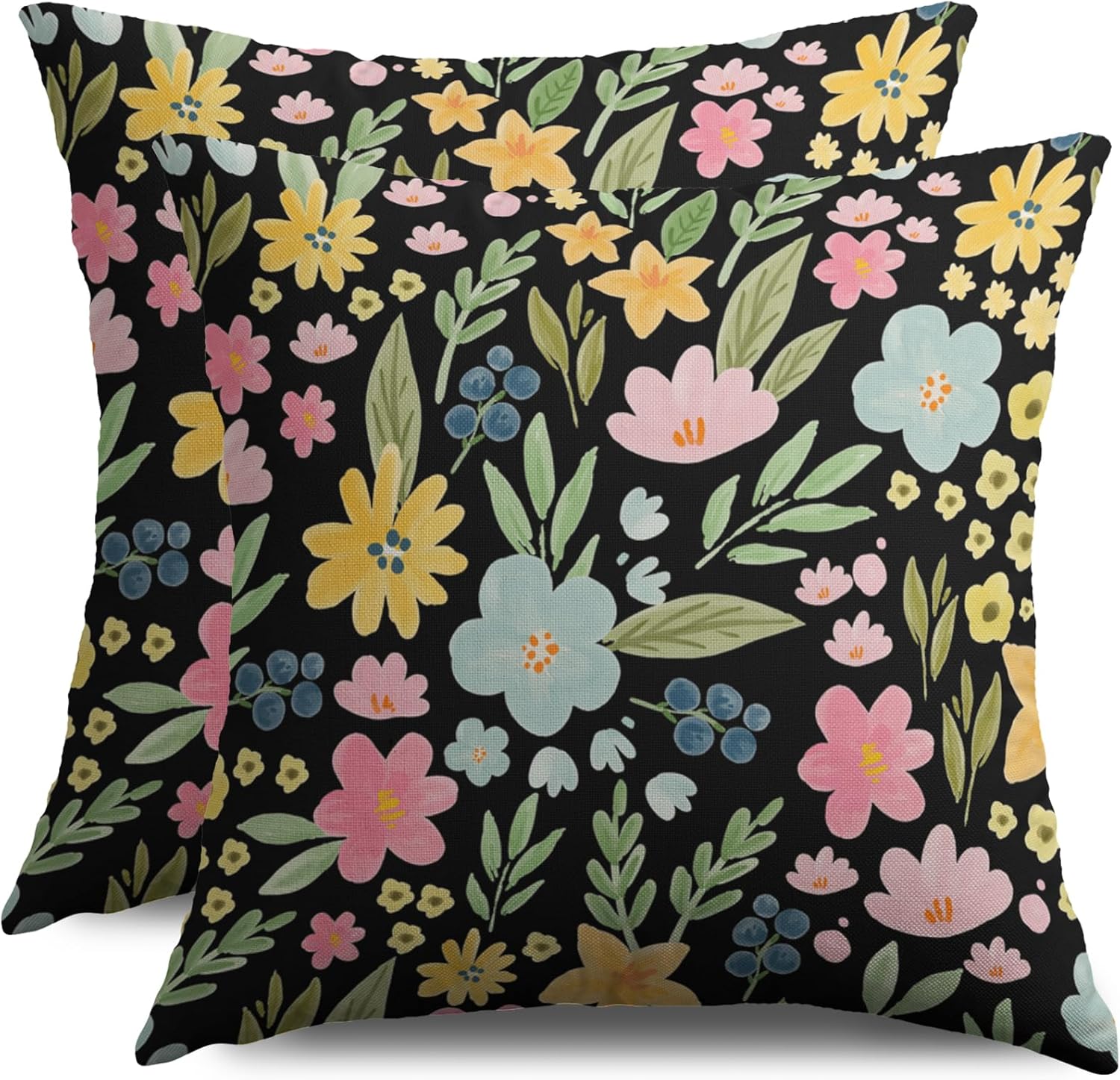 Spring Floral Pillow Covers 24X24 Set of 2, Pink Blue Yellow Colored Watercolor Flower Printed Black Decorative Throw Pillow Covers Outdoor Farmhouse Modern Cushion Cases Couch Sofa Bed Decor