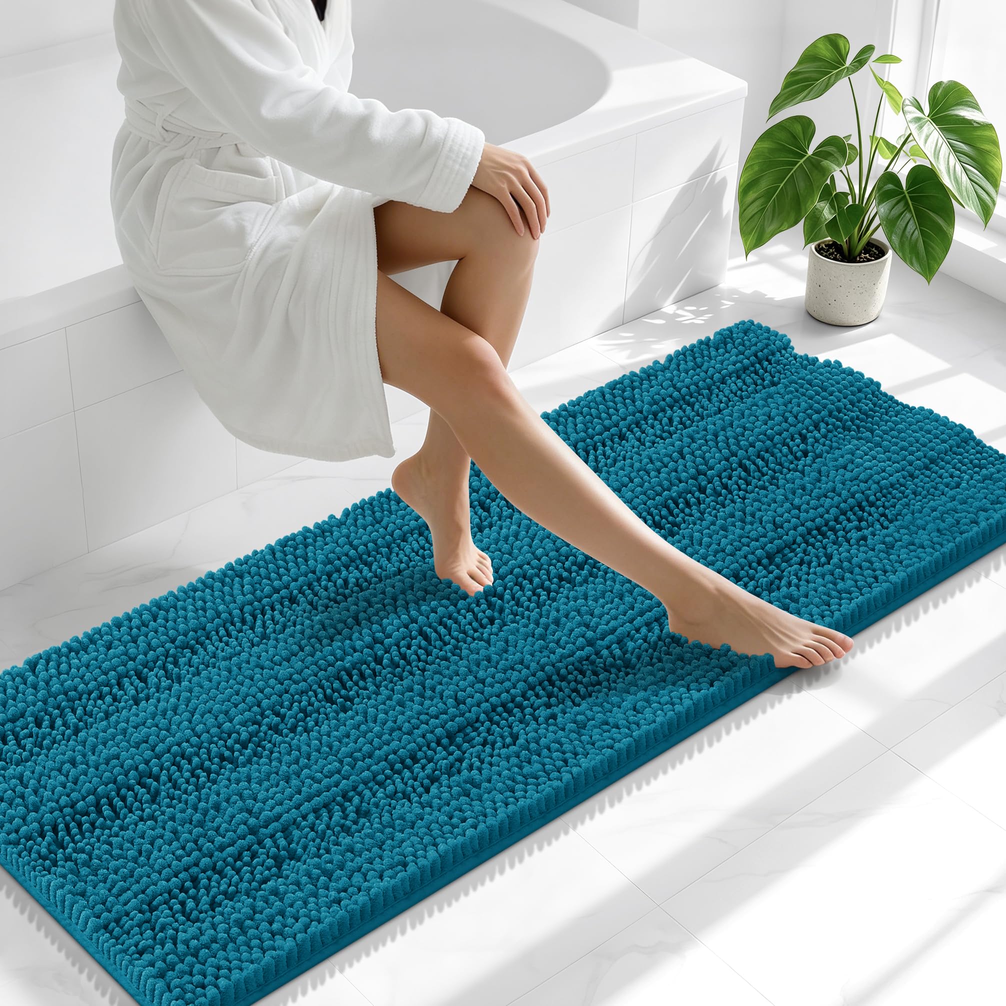 Smiry Thick Chenille Bathroom Runner Rugs 59x20, Bath Mat, Peacock Blue