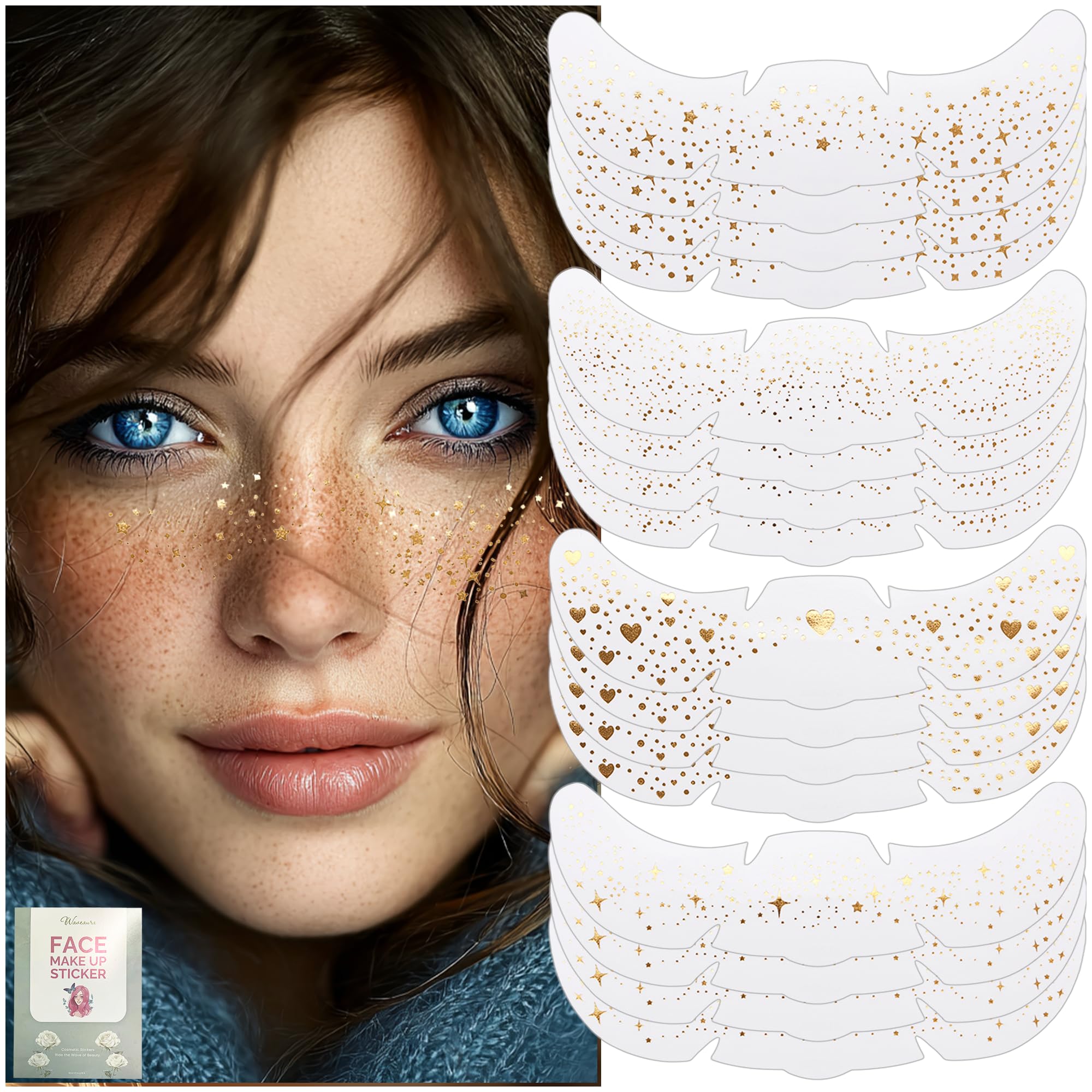 Waveaura 16pcs Temporary Tattoos Kit Face Glitter Gold Sparkle Freckles Festival Accessories for Women Fake Freckle Patch Glitter Star Face Stamp Faux Freckles Stickers Make Up