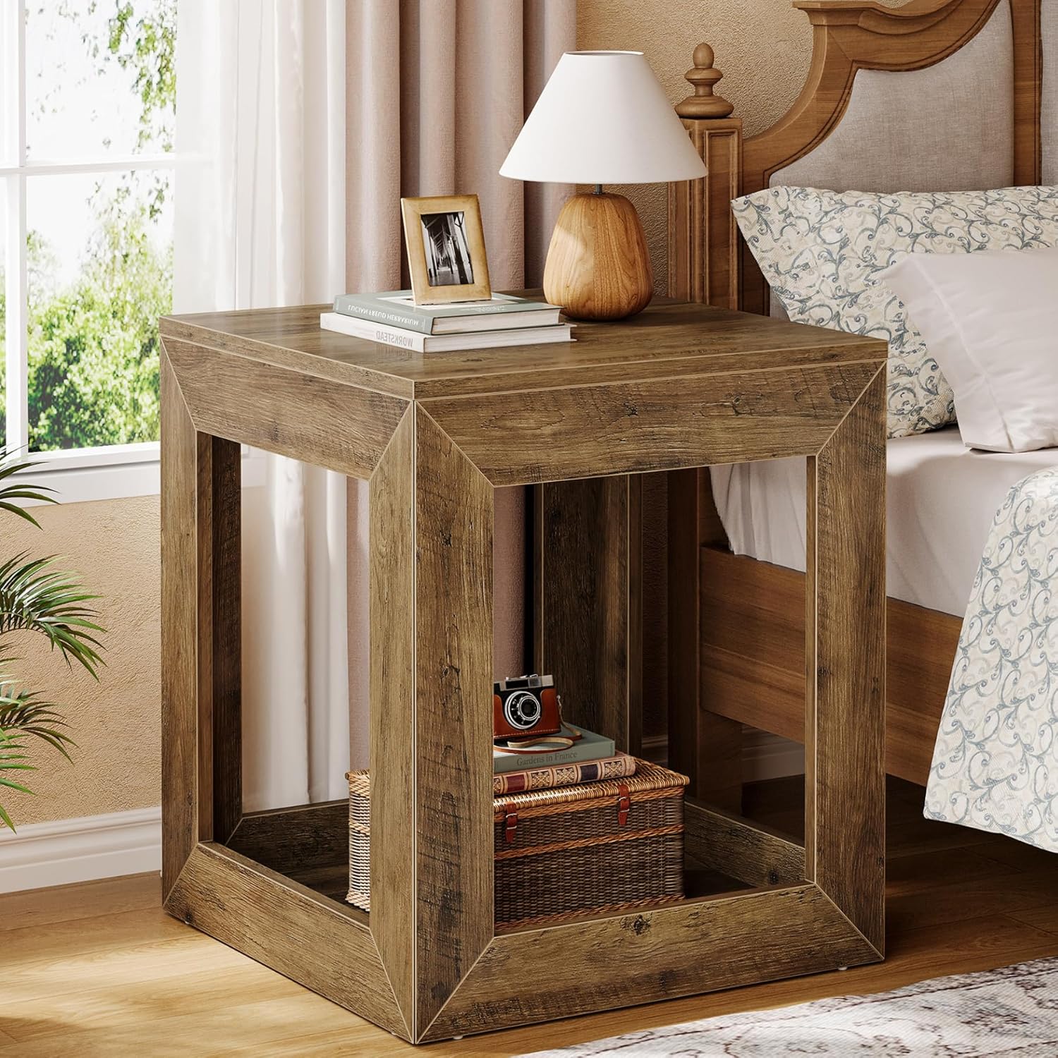 Tribesigns Farmhouse End Table, 20" Large Square Side Table with Storage Shelf, Rustic Wood Nightstand for Bedroom, Living Room, and Office, Easy Assembly (Rustic Brown, 1PC)