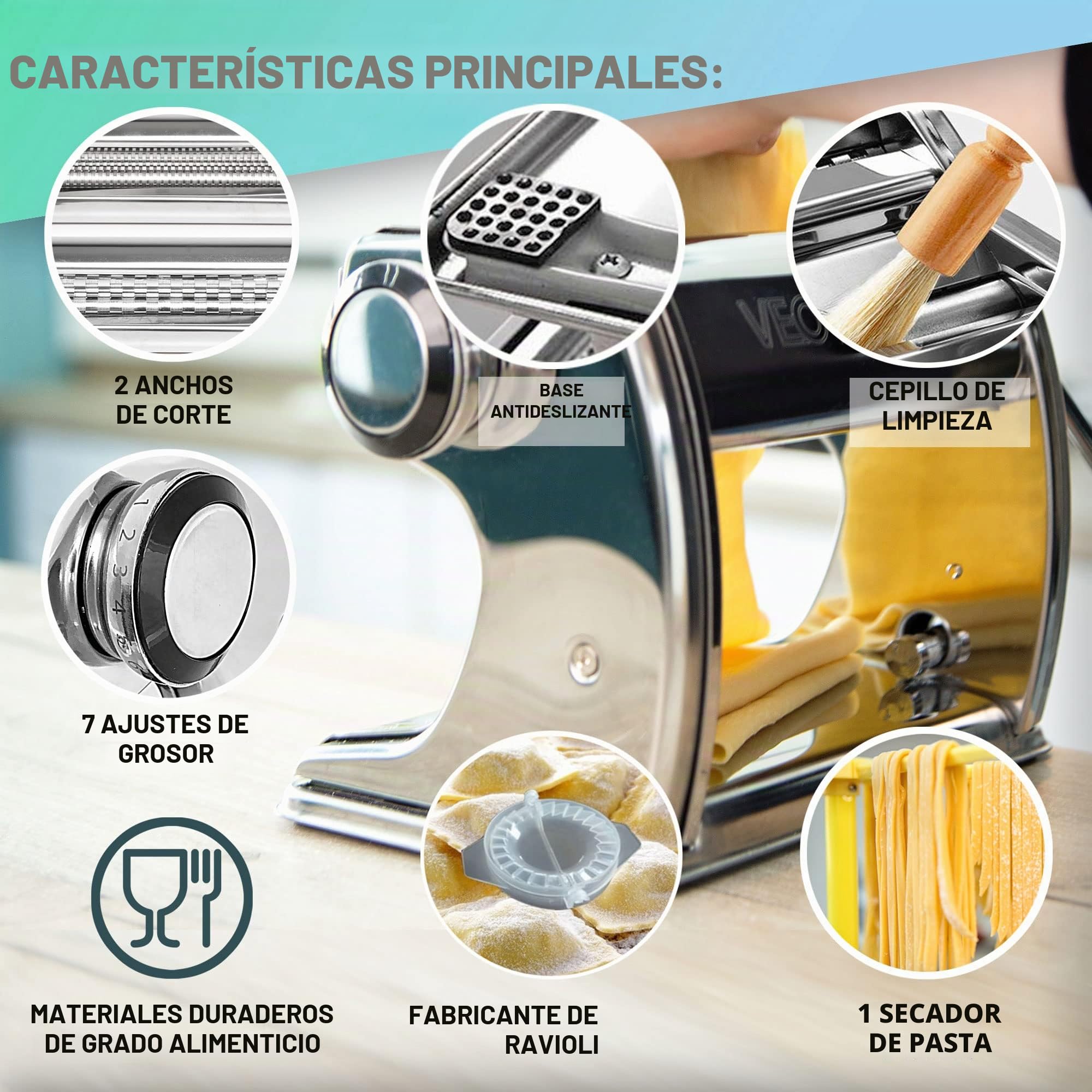 VeoHome Máquina manual de pasta con secador, acero inoxidable, herramienta versátil con grosor ajustable, laminador y manivela - fideos frescos caseros, espagueti, lasaña