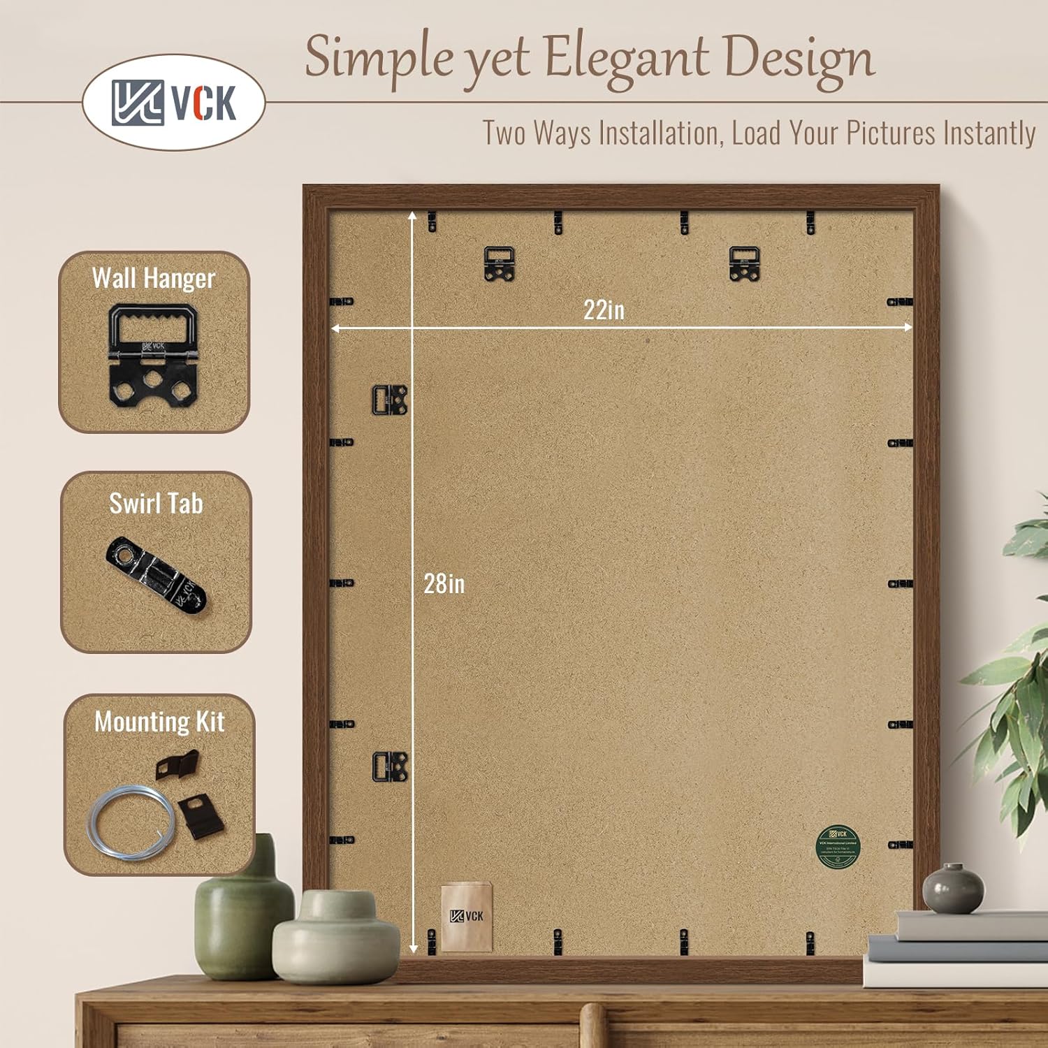 VCK 22x28 Picture Frame 5 Pack, Brown Wood Poster Frame with Exclusive Wood Grain, Wall Hanging